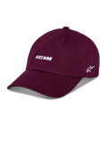 Alpinestars Deduce Strapback Hat, czapka bejsbolówka, bordowa, biały haftowany napis ASTARS z przodu, logo gwiazdy z boku, zakrzywiony daszek, codzienna odzież uliczna w stylu motorsport