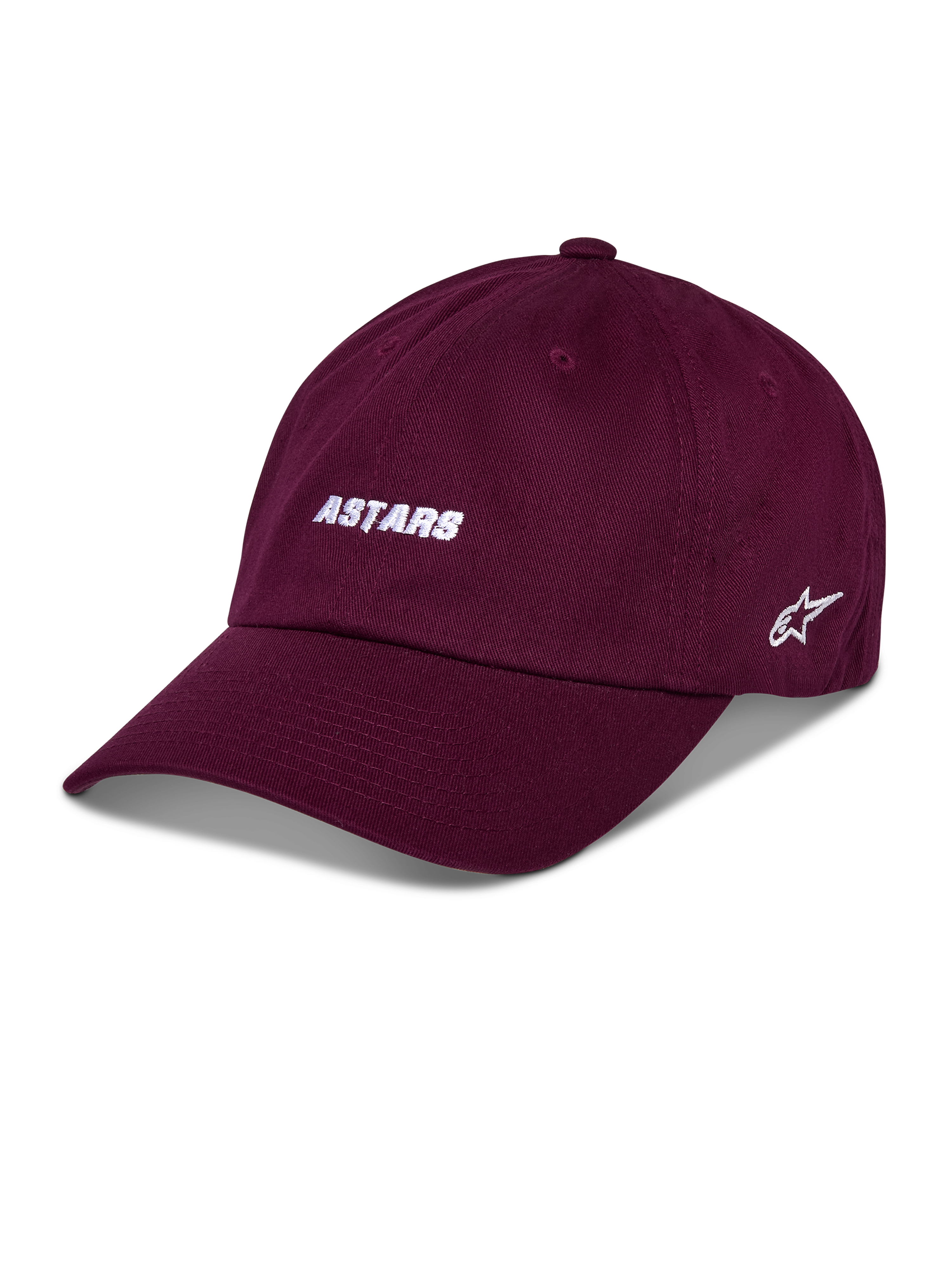 Alpinestars Deduce Strapback Hat, czapka bejsbolówka, bordowa, biały haftowany napis ASTARS z przodu, logo gwiazdy z boku, zakrzywiony daszek, codzienna odzież uliczna w stylu motorsport