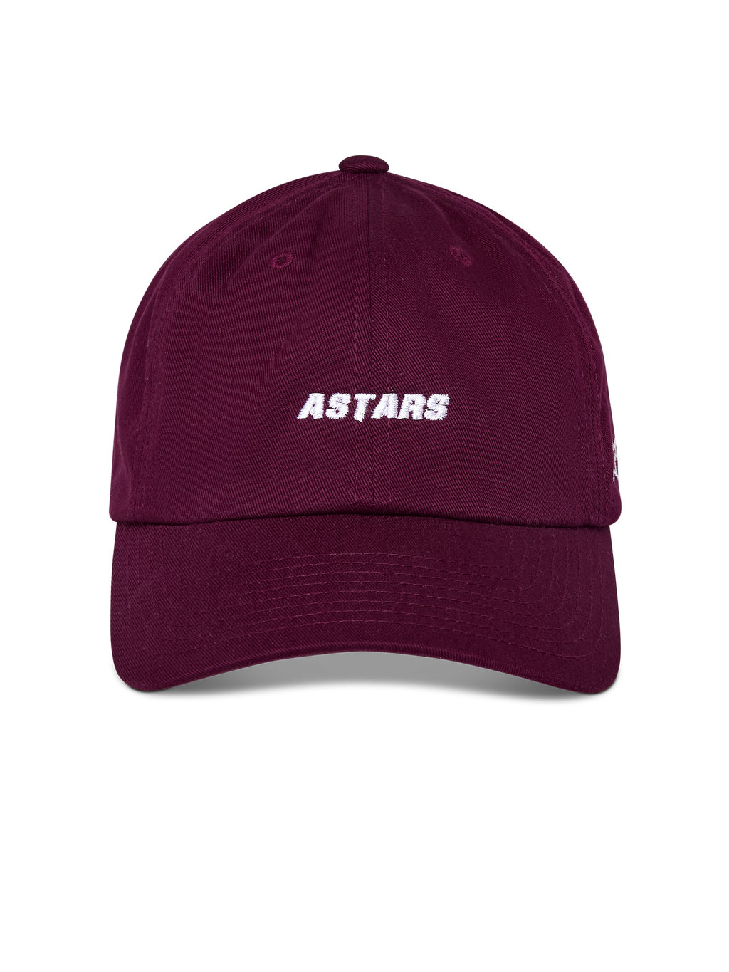 Alpinestars Deduce Strapback Hat, bordowa czapka z daszkiem, biały haft ASTARS z przodu, zakrzywiony daszek z nieusztywnioną niską koroną, codzienne sportowe nakrycie głowy