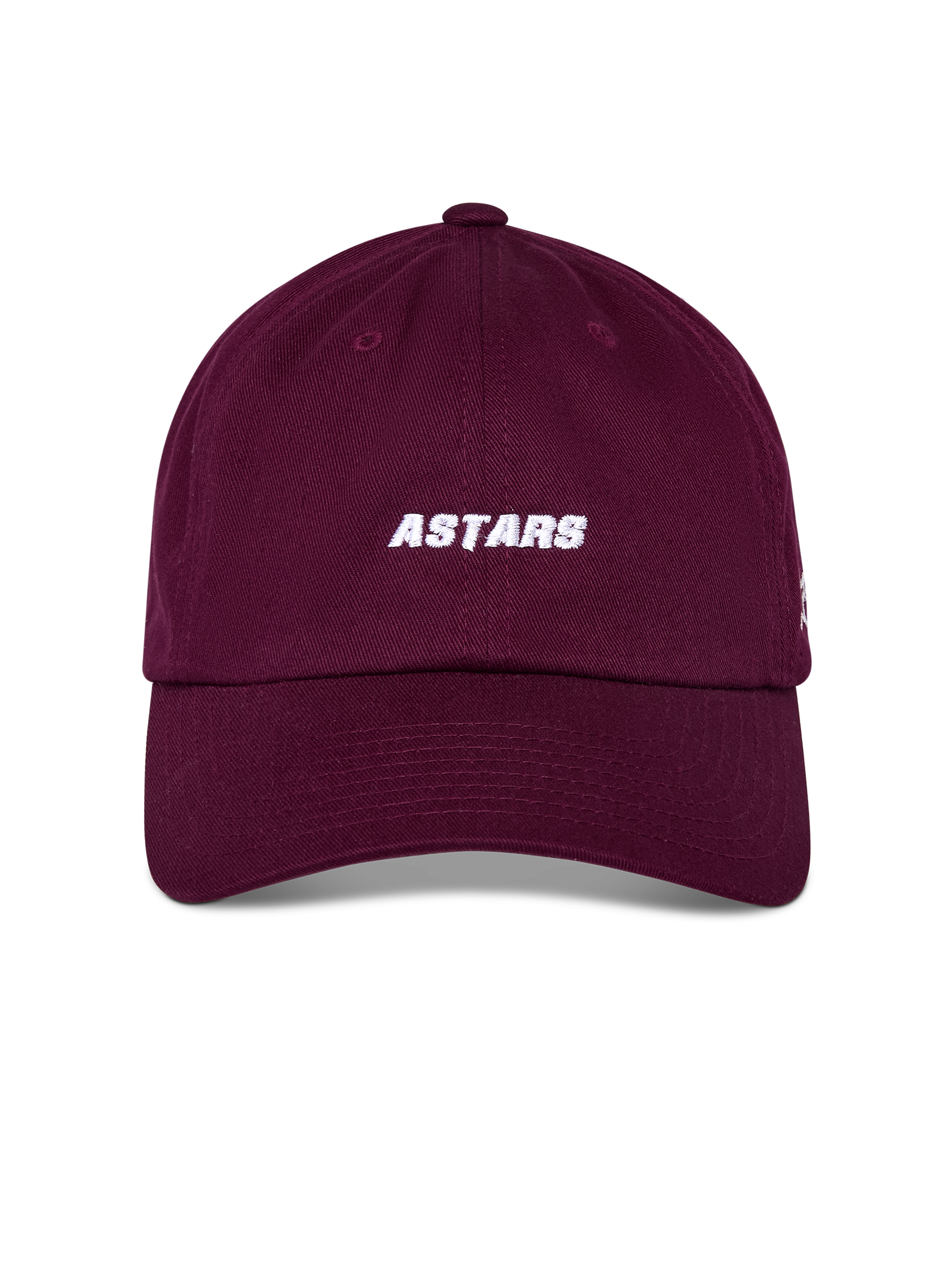 Alpinestars Deduce Strapback Hat, bordowa czapka z daszkiem, biały haft ASTARS z przodu, zakrzywiony daszek z nieusztywnioną niską koroną, codzienne sportowe nakrycie głowy