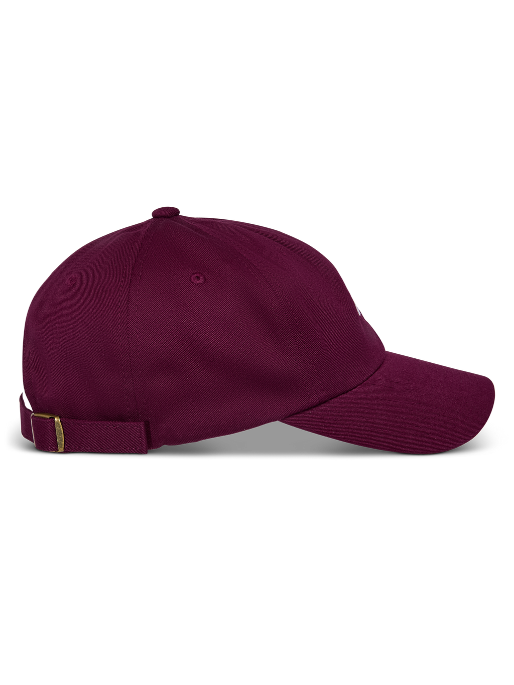Alpinestars Deduce Strapback Hat, bordowa czapka z daszkiem, widok z boku, zakrzywiony daszek i nieusztywniona niska korona, regulowany materiałowy pasek z metalową klamrą, bawełniany kepr