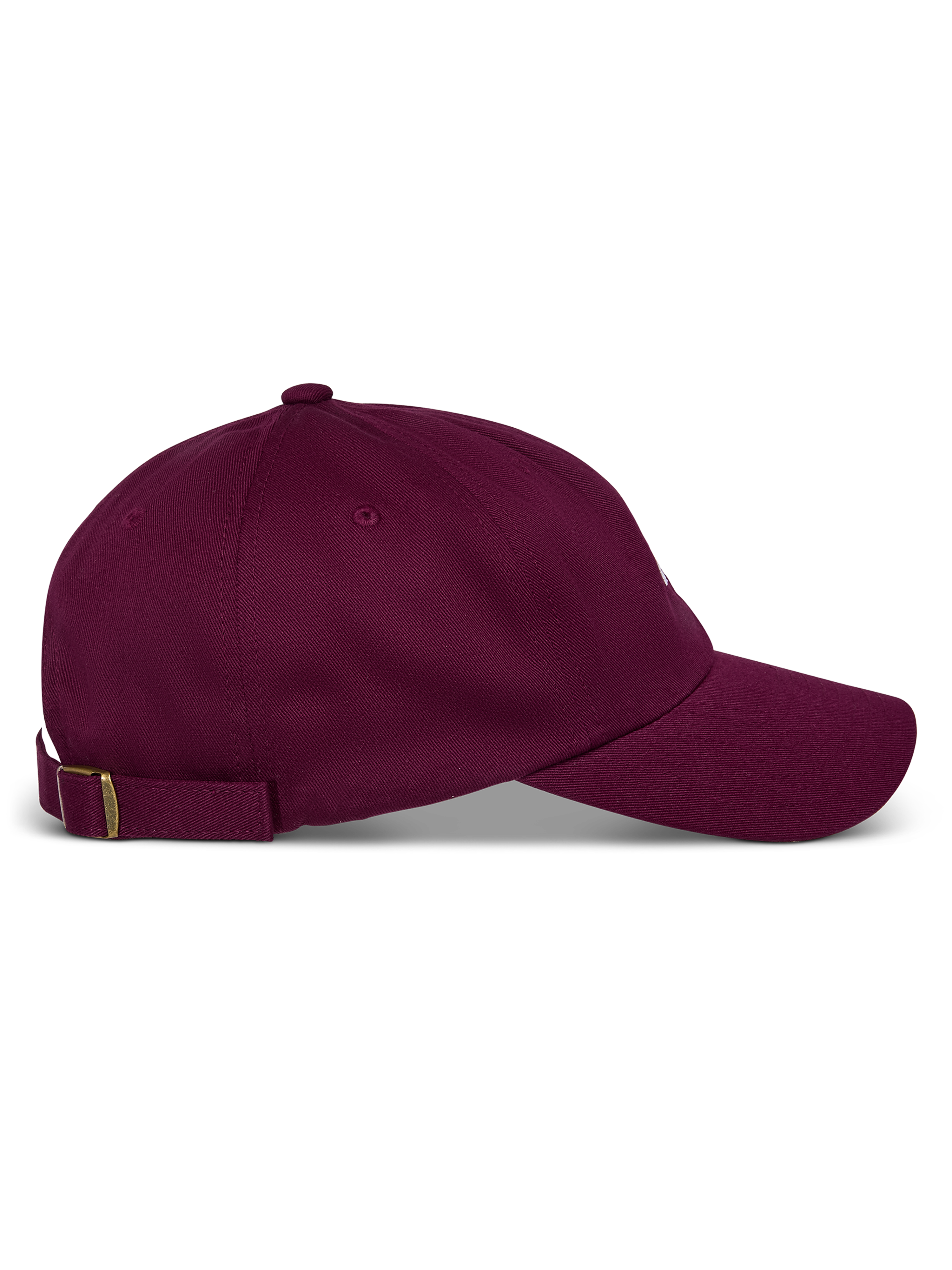 Alpinestars Deduce Strapback Hat, bordowa czapka z daszkiem, widok z boku, zakrzywiony daszek i nieusztywniona niska korona, regulowany materiałowy pasek z metalową klamrą, bawełniany kepr