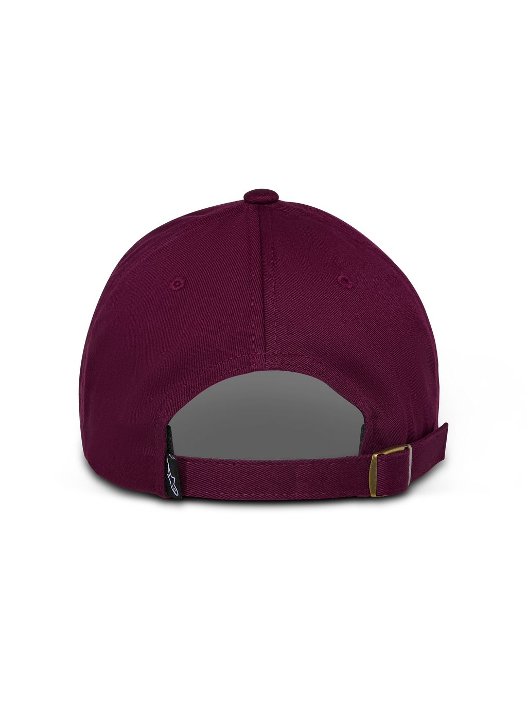 Alpinestars Deduce Strapback Hat, bordowa czapka, widok z tyłu przedstawiający regulowane zapięcie na pasek i małą metkę z logo, nieusztywniony bawełniany kepr, codzienna odzież sportowa