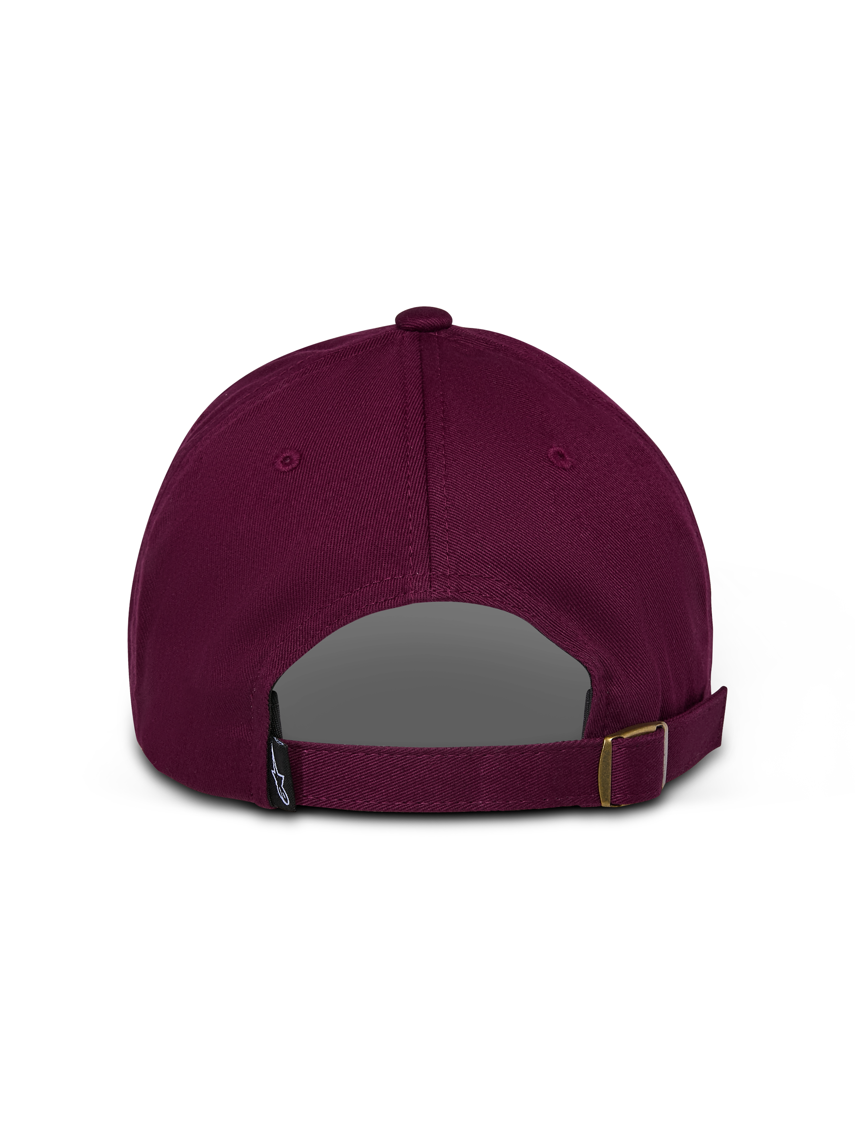Alpinestars Deduce Strapback Hat, bordowa czapka, widok z tyłu przedstawiający regulowane zapięcie na pasek i małą metkę z logo, nieusztywniony bawełniany kepr, codzienna odzież sportowa