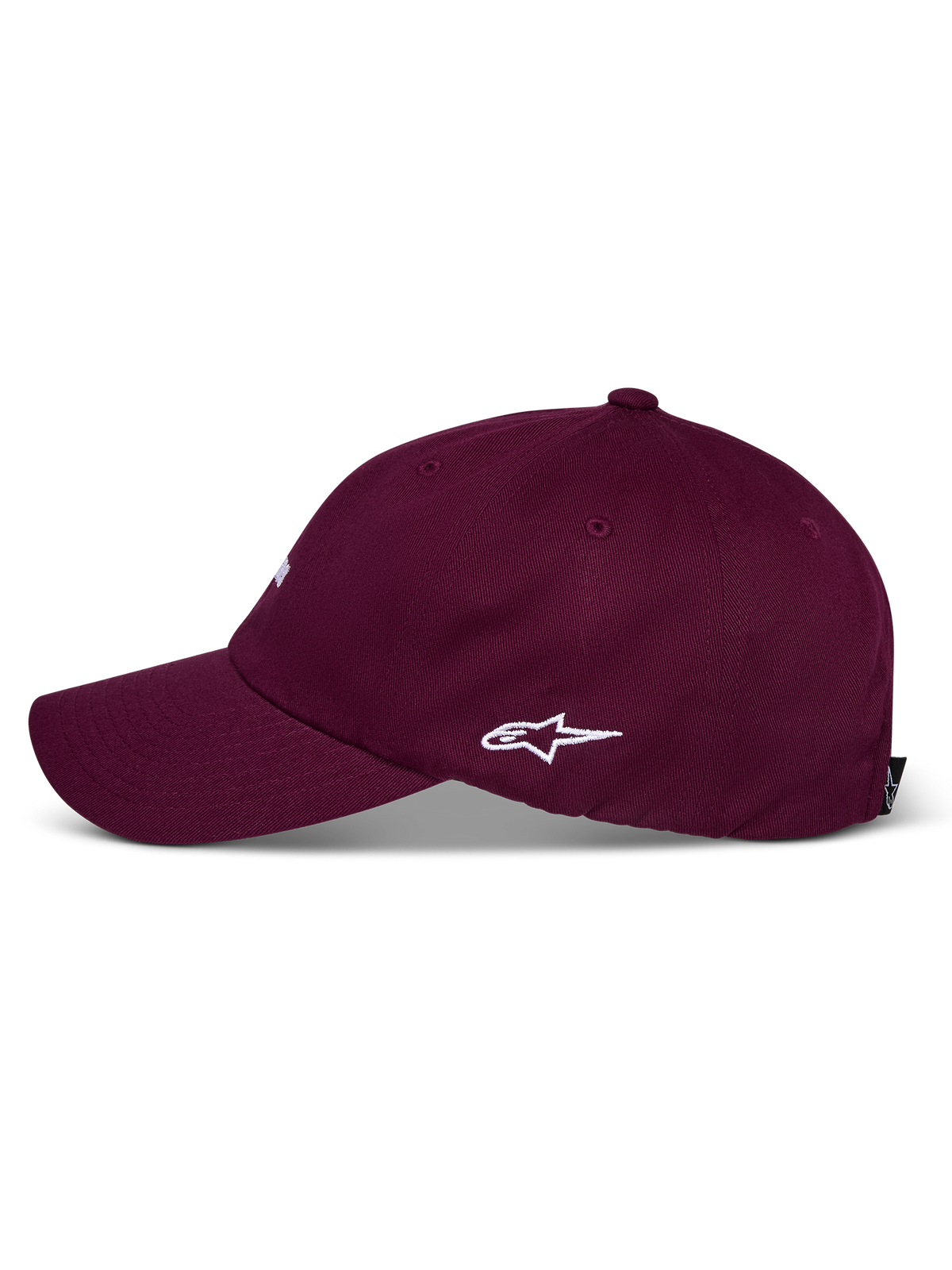 Alpinestars Deduce Strapback Hat, bordowa czapka z daszkiem, widok z boku z białym haftowanym logo Astars, zakrzywiony daszek, nieusztywniona niska korona, codzienne nakrycie głowy z bawełnianego kepru
