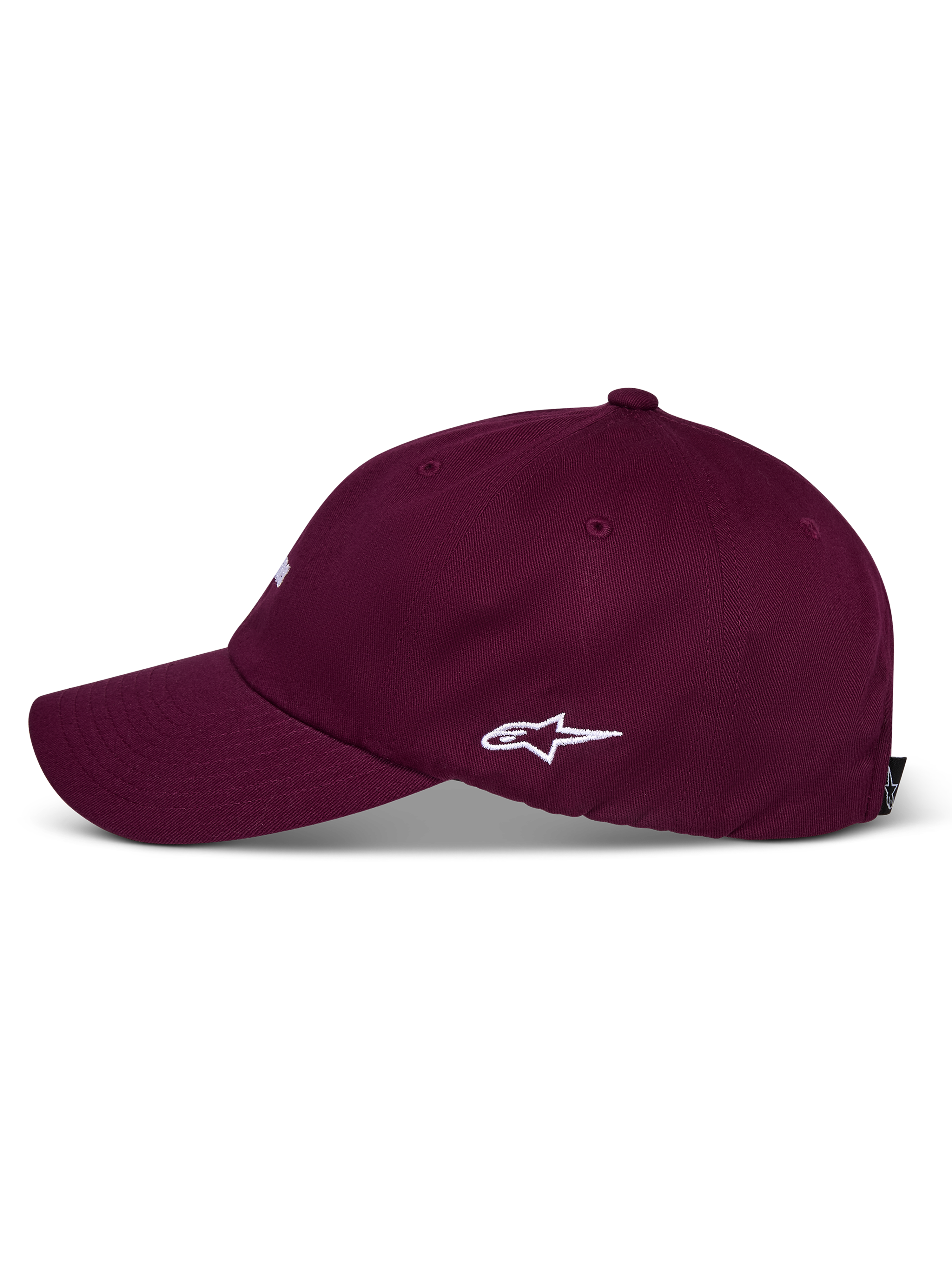 Alpinestars Deduce Strapback Hat, bordowa czapka z daszkiem, widok z boku z białym haftowanym logo Astars, zakrzywiony daszek, nieusztywniona niska korona, codzienne nakrycie głowy z bawełnianego kepru
