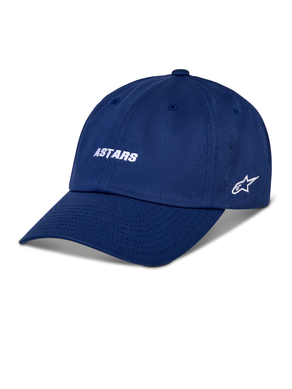 Alpinestars Deduce Strapback Hat, niebieska czapka z daszkiem, biały haftowany napis ASTARS i logo gwiazdy z boku, zakrzywiony daszek, casualowy streetwear w stylu motorsport