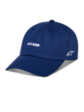 Alpinestars Deduce Strapback Hat, niebieska czapka z daszkiem, biały haftowany napis ASTARS i logo gwiazdy z boku, zakrzywiony daszek, casualowy streetwear w stylu motorsport