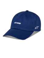 Alpinestars Deduce Strapback Hat, niebieska czapka z daszkiem, biały haftowany napis ASTARS i logo gwiazdy z boku, zakrzywiony daszek, casualowy streetwear w stylu motorsport