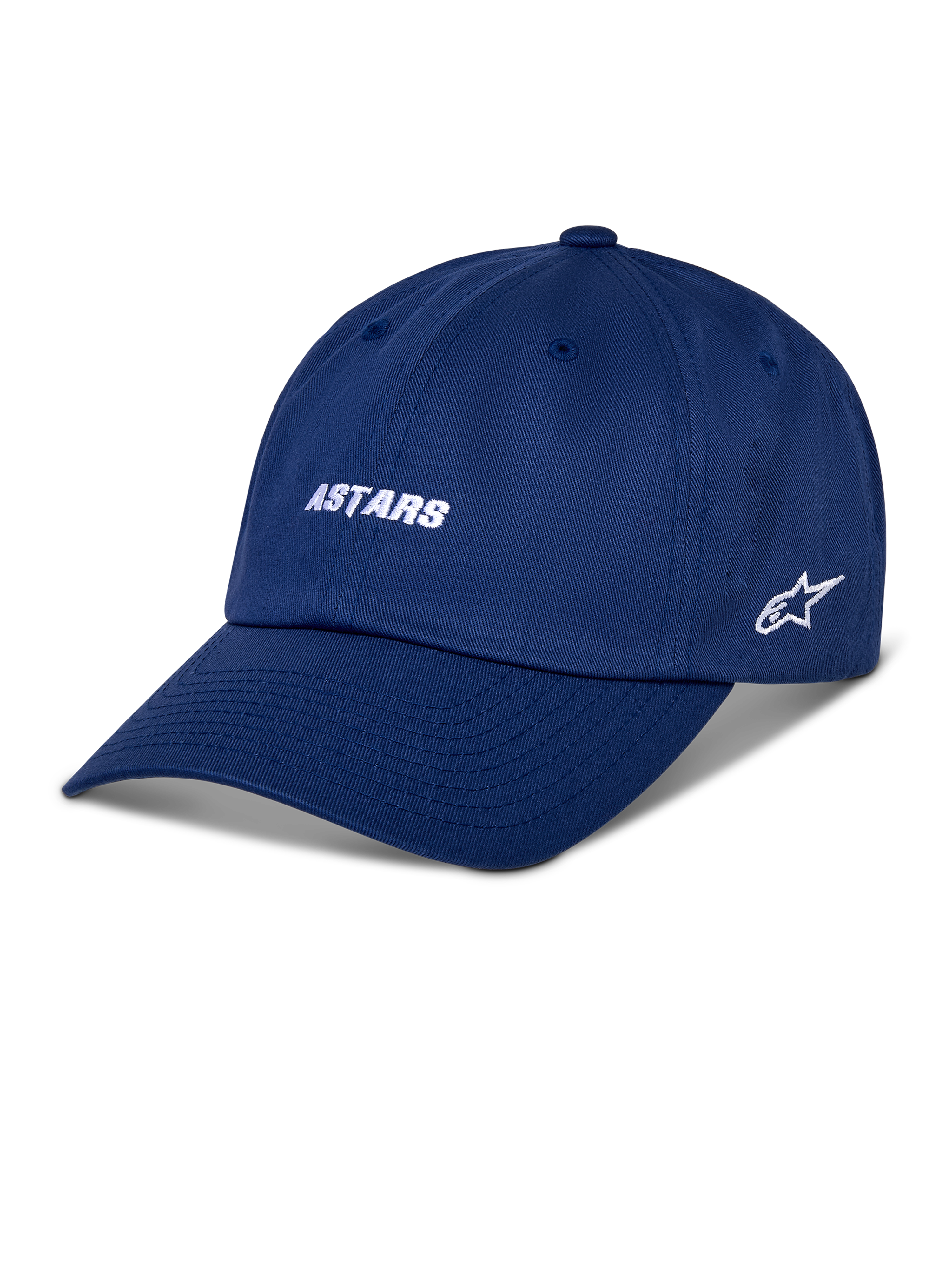 Alpinestars Deduce Strapback Hat, niebieska czapka z daszkiem, biały haftowany napis ASTARS i logo gwiazdy z boku, zakrzywiony daszek, casualowy streetwear w stylu motorsport