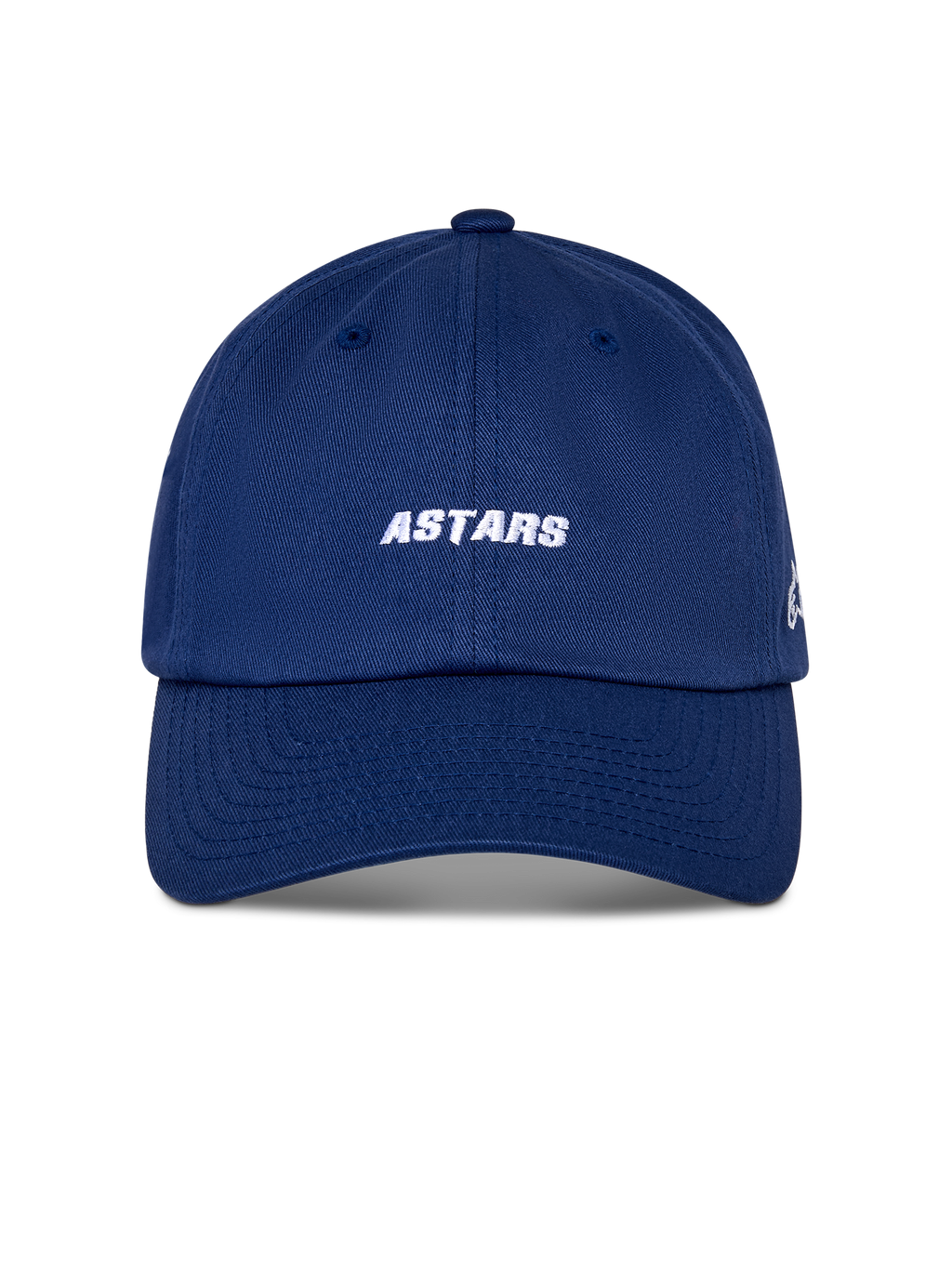 Alpinestars Deduce Strapback Hat, niebieska czapka z daszkiem, biały haft z napisem 'ASTARS' z przodu, zakrzywiony daszek, nieusztywniona niska korona, codzienne nakrycie głowy inspirowane sportami motorowymi