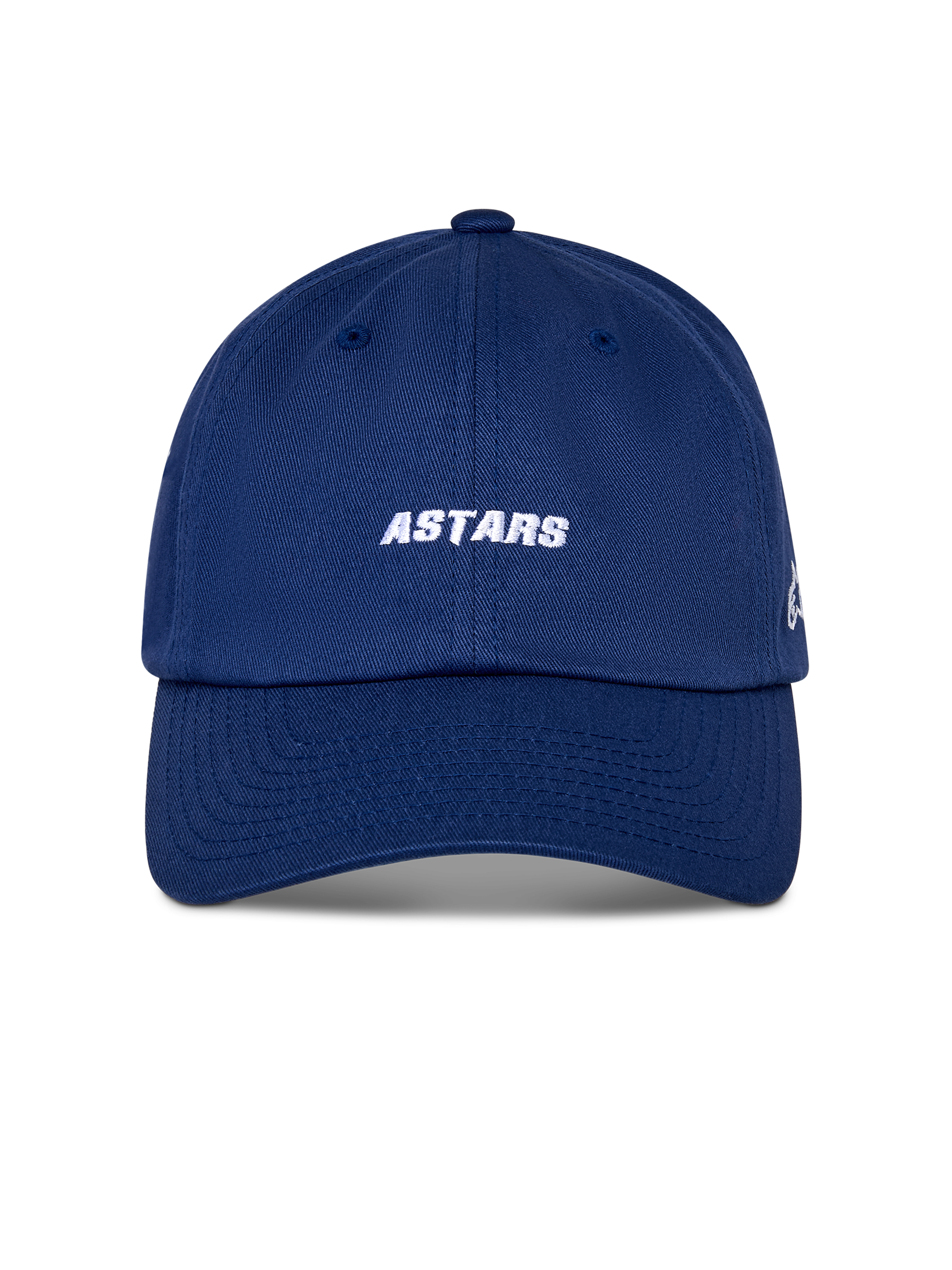 Alpinestars Deduce Strapback Hat, niebieska czapka z daszkiem, biały haft z napisem 'ASTARS' z przodu, zakrzywiony daszek, nieusztywniona niska korona, codzienne nakrycie głowy inspirowane sportami motorowymi