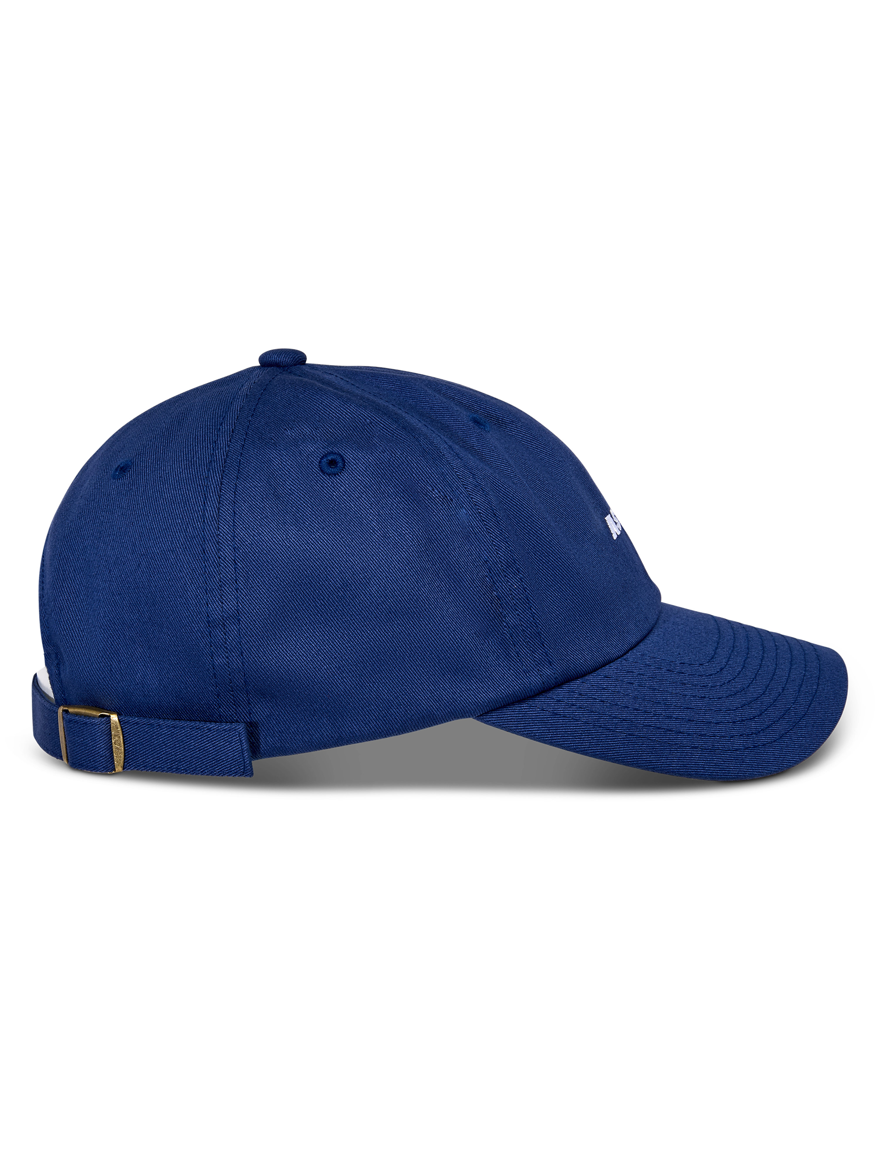 Czapka Alpinestars Deduce Strapback, niebieska, widok z boku, zakrzywiony daszek, regulowane zapięcie z mosiężną klamrą, konstrukcja z bawełnianego kepru, codzienne nakrycie głowy z białym haftowanym logo