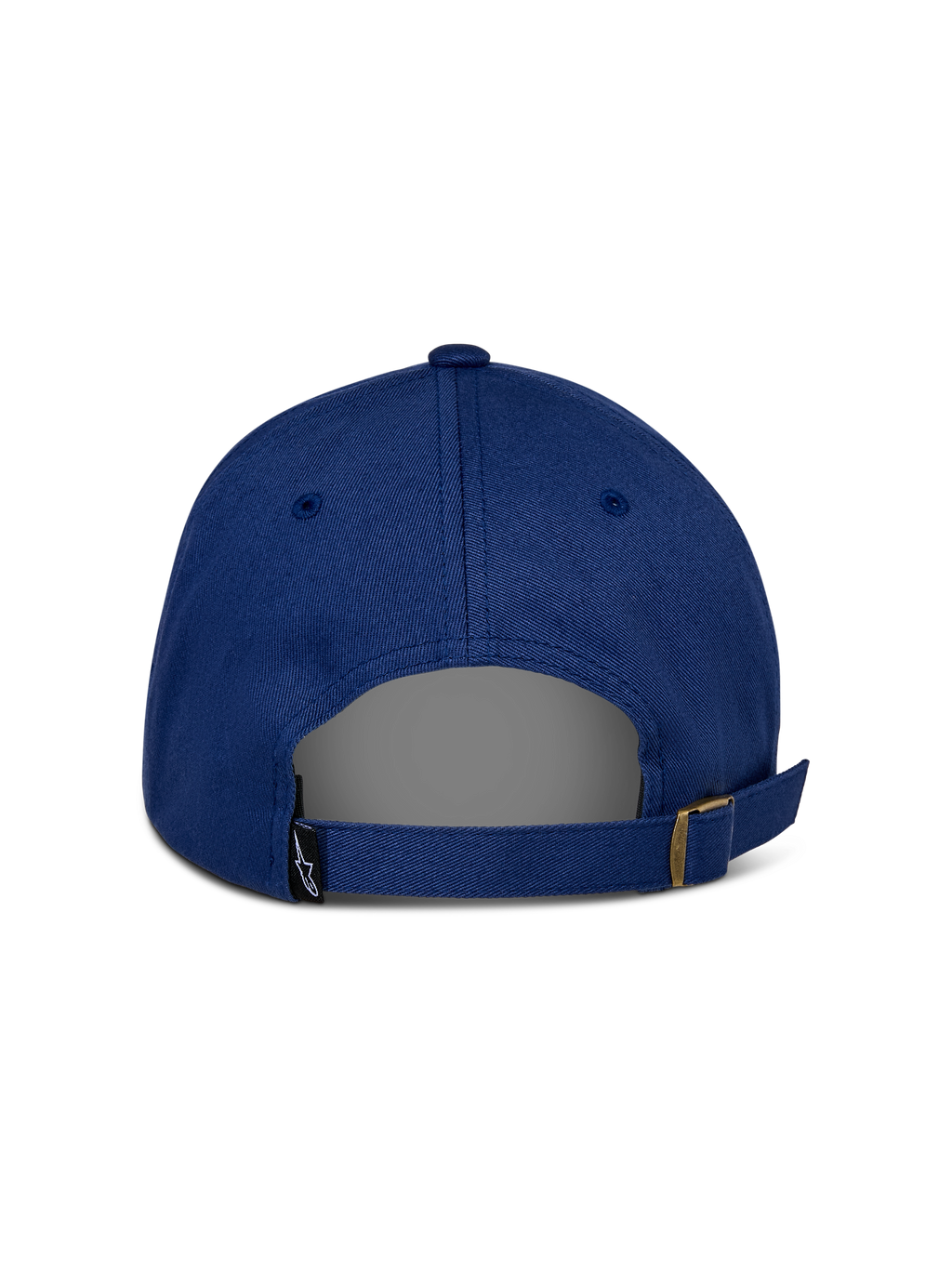 Czapka Alpinestars Deduce Strapback, niebieska, widok z tyłu ukazujący regulowane zapięcie z metalową klamrą, mała czarna metka z logo Astars, codzienna konstrukcja z bawełnianego kepru