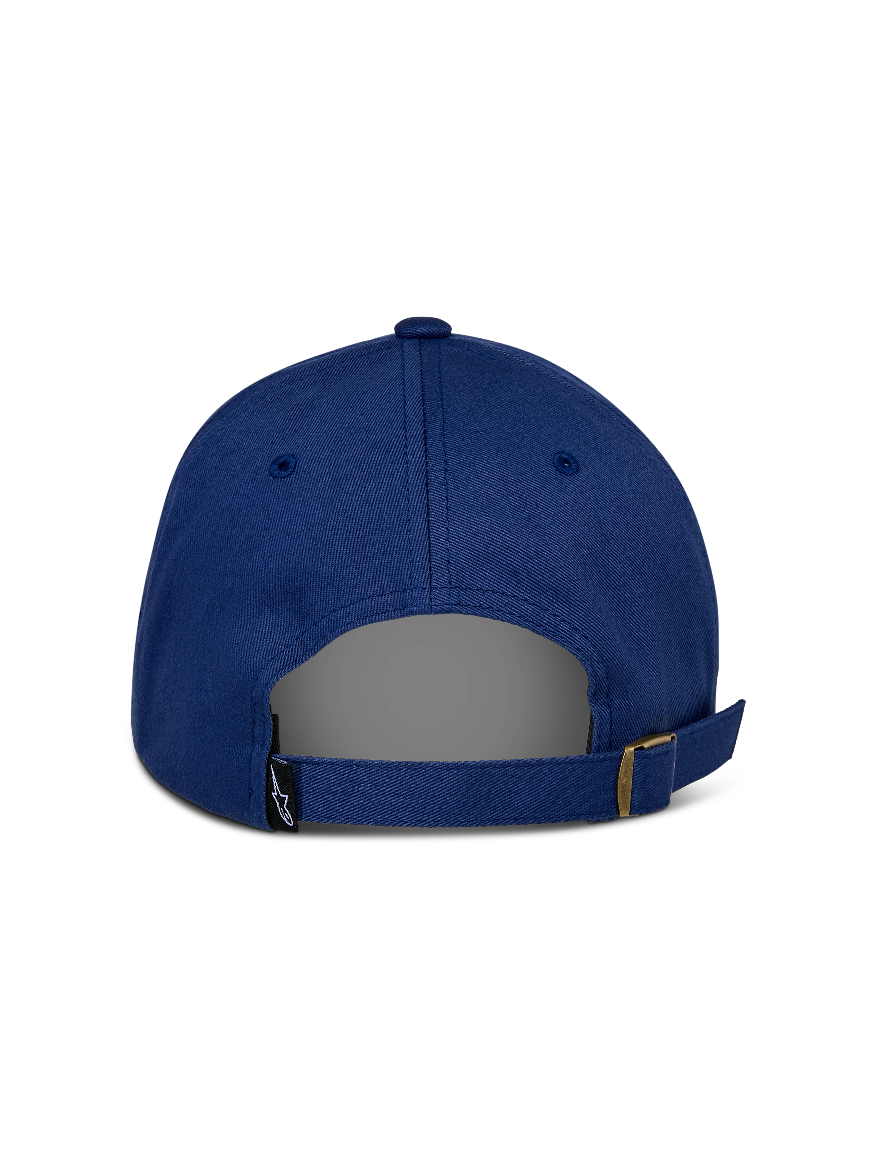 Czapka Alpinestars Deduce Strapback, niebieska, widok z tyłu ukazujący regulowane zapięcie z metalową klamrą, mała czarna metka z logo Astars, codzienna konstrukcja z bawełnianego kepru