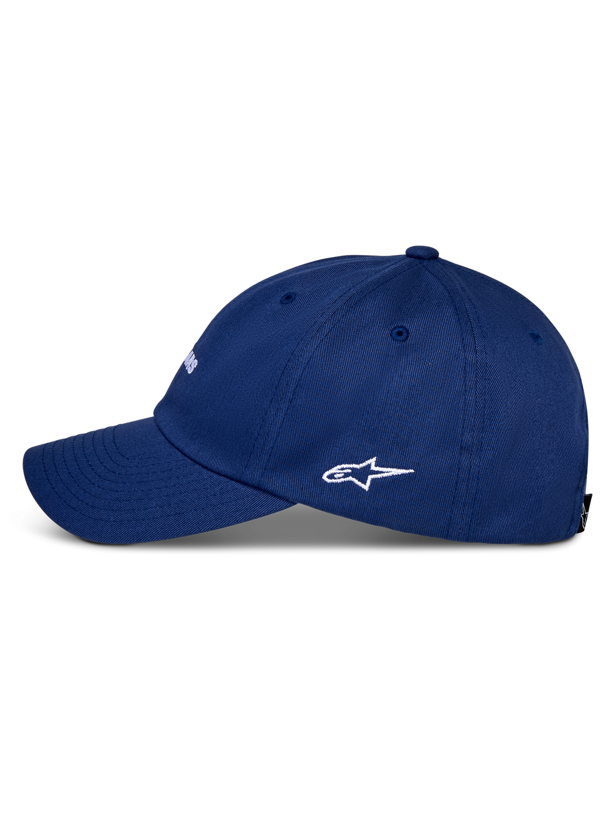 Alpinestars Deduce Strapback Hat, niebieska czapka z daszkiem, widok z boku, zakrzywiony daszek i białe haftowane logo Astars, wykonana z bawełnianego kepru, sportowy styl casual