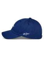 Alpinestars Deduce Strapback Hat, niebieska czapka z daszkiem, widok z boku, zakrzywiony daszek i białe haftowane logo Astars, wykonana z bawełnianego kepru, sportowy styl casual