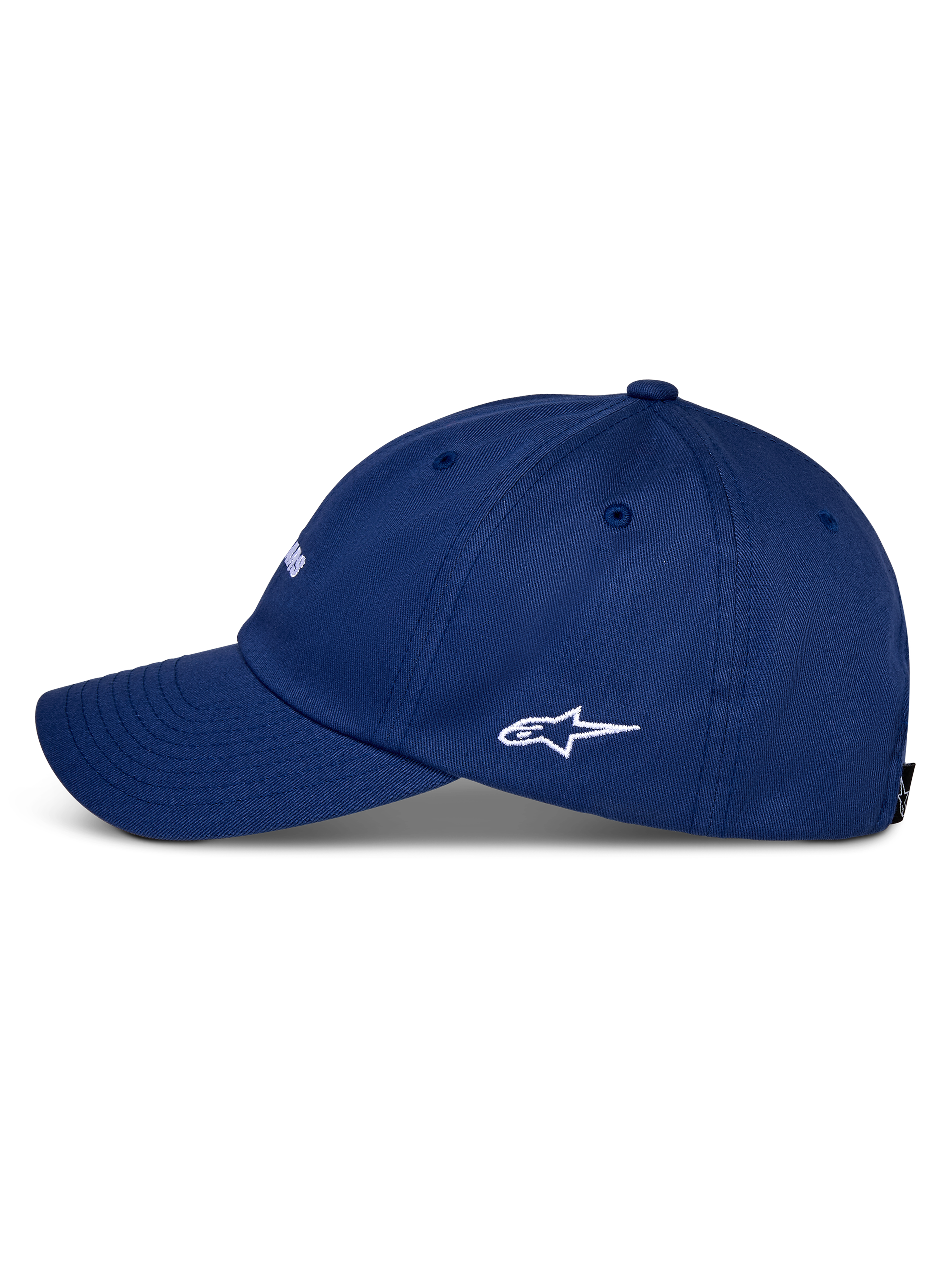 Alpinestars Deduce Strapback Hat, niebieska czapka z daszkiem, widok z boku, zakrzywiony daszek i białe haftowane logo Astars, wykonana z bawełnianego kepru, sportowy styl casual