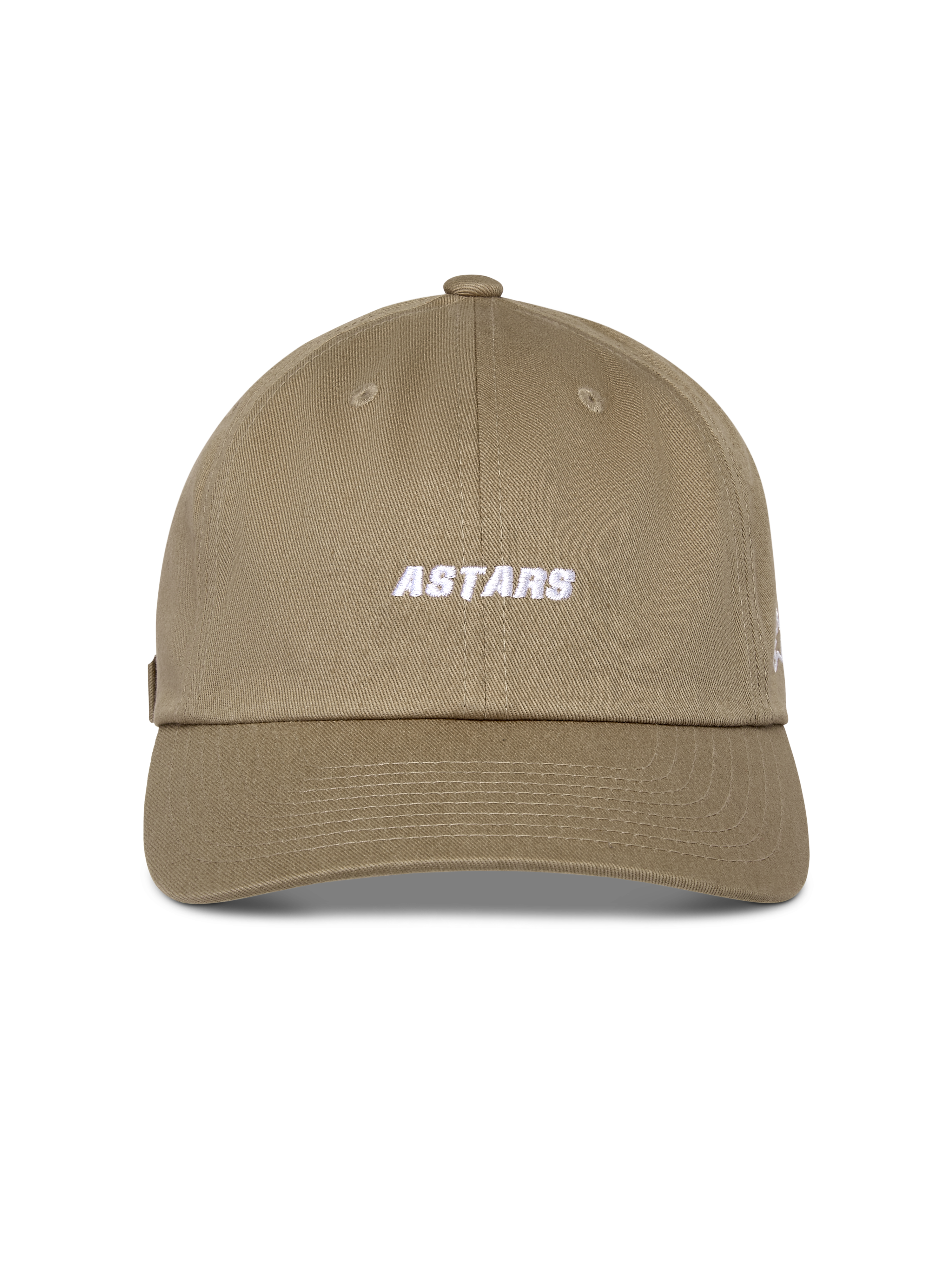 Alpinestars Deduce Strapback Hat, Khaki, unstructured low crown with curved bill, white embroidered Astars wordmark on front, cotton twill fabric, casual motorsport-inspired headwear