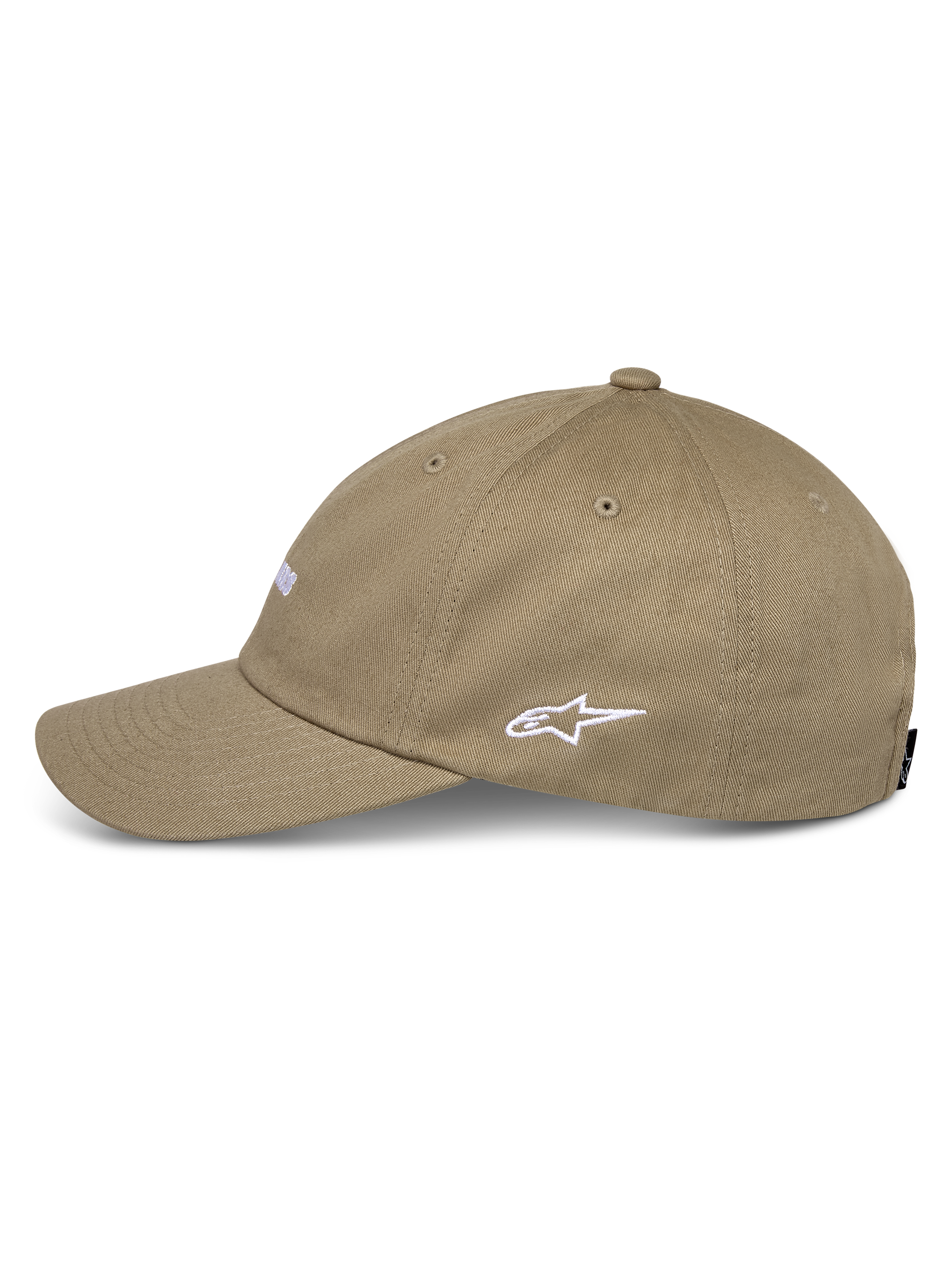 Alpinestars Deduce Strapback Hat, Khaki, side profile view featuring white embroidered Astars logo, curved bill, cotton twill construction, casual motorsport streetwear