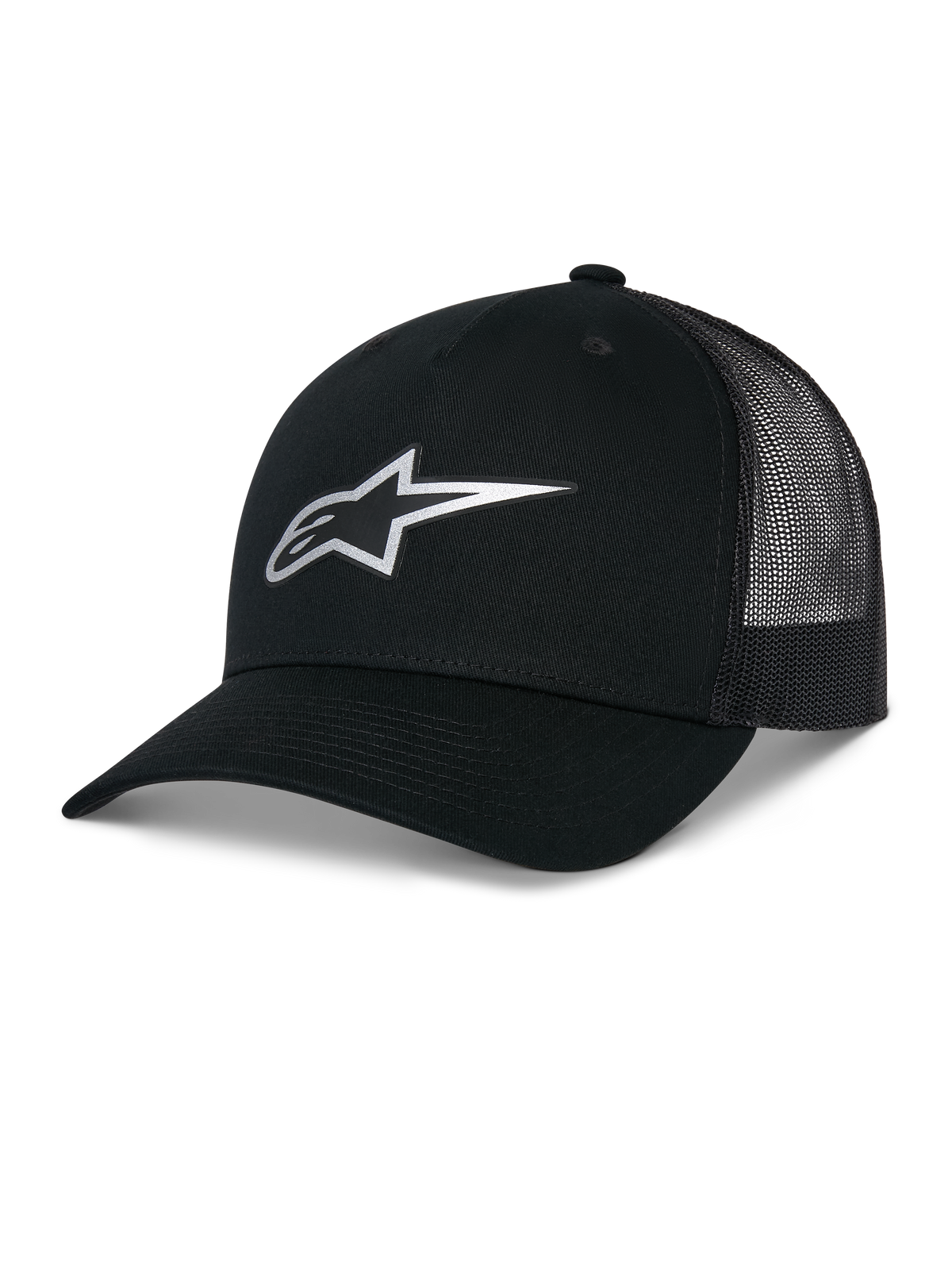 Alpinestars Reflect Ageless Trucker Hat, czarna, z odblaskowym srebrnym logo Astars z przodu, zakrzywionym daszkiem i siateczkowymi panelami z tyłu, usztywniona korona, codzienne nakrycie głowy w stylu motorsportowym