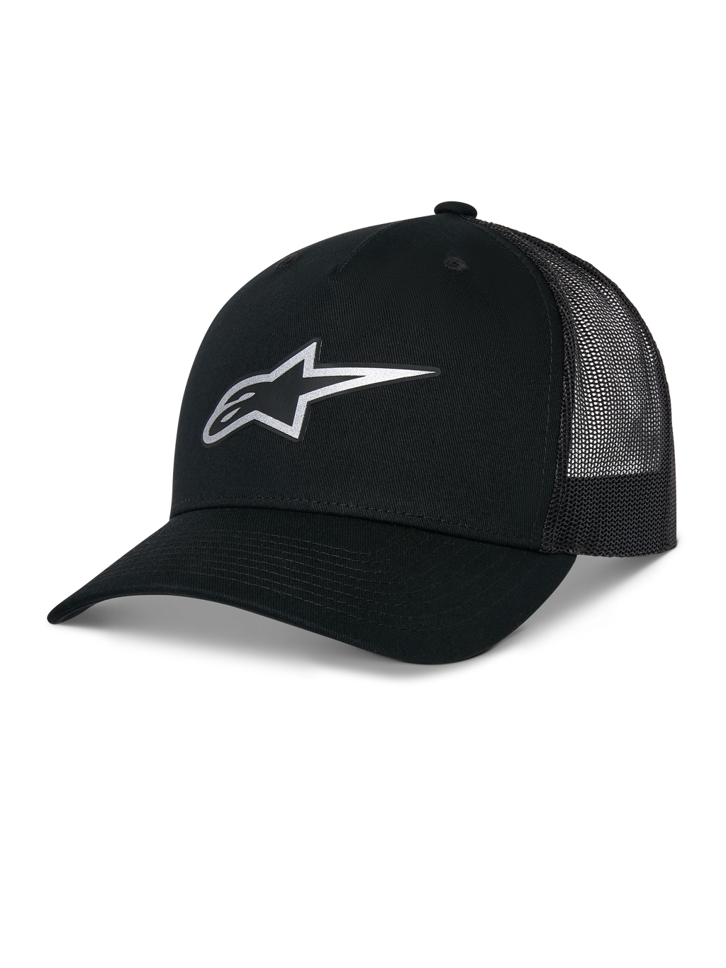 Alpinestars Reflect Ageless Trucker Hat, czarna, z odblaskowym srebrnym logo Astars z przodu, zakrzywionym daszkiem i siateczkowymi panelami z tyłu, usztywniona korona, codzienne nakrycie głowy w stylu motorsportowym