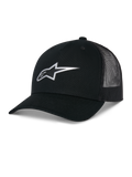 Alpinestars Reflect Ageless Trucker Hat, czarna, z odblaskowym srebrnym logo Astars z przodu, zakrzywionym daszkiem i siateczkowymi panelami z tyłu, usztywniona korona, codzienne nakrycie głowy w stylu motorsportowym