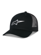 Alpinestars Reflect Ageless Trucker Hat, czarna, z odblaskowym srebrnym logo Astars z przodu, zakrzywionym daszkiem i siateczkowymi panelami z tyłu, usztywniona korona, codzienne nakrycie głowy w stylu motorsportowym