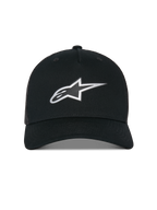 Alpinestars Reflect Ageless Trucker Hat, czarna czapka typu trucker, srebrne odblaskowe logo Astars z przodu, usztywniona korona z zakrzywionym daszkiem, oddychający tył z siatki, codzienne nakrycie głowy inspirowane sportami motorowymi