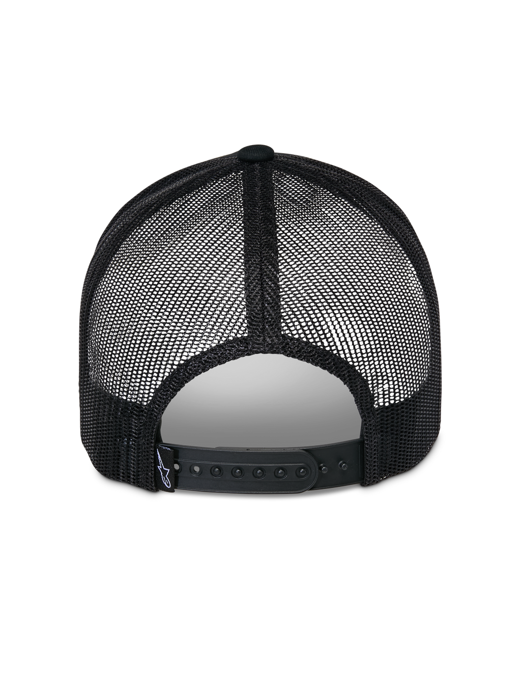 Alpinestars Reflect Ageless Trucker Hat, czarna czapka typu trucker, widok z tyłu ukazujący oddychające panele z siateczki poliestrowej i regulowane zapięcie snapback, mała tkana metka z logo, codzienne nakrycie głowy inspirowane sportami motorowymi
