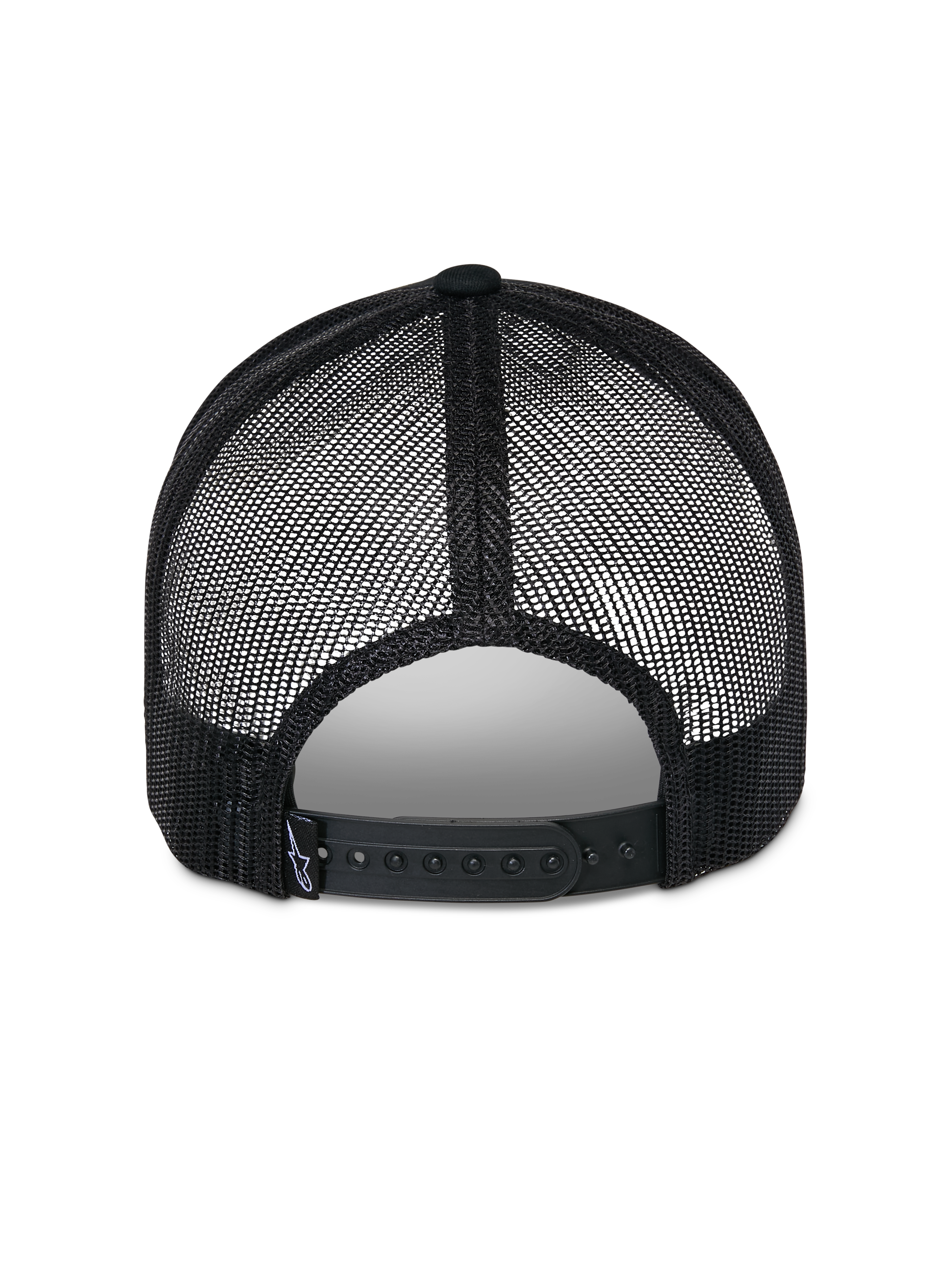 Alpinestars Reflect Ageless Trucker Hat, czarna czapka typu trucker, widok z tyłu ukazujący oddychające panele z siateczki poliestrowej i regulowane zapięcie snapback, mała tkana metka z logo, codzienne nakrycie głowy inspirowane sportami motorowymi