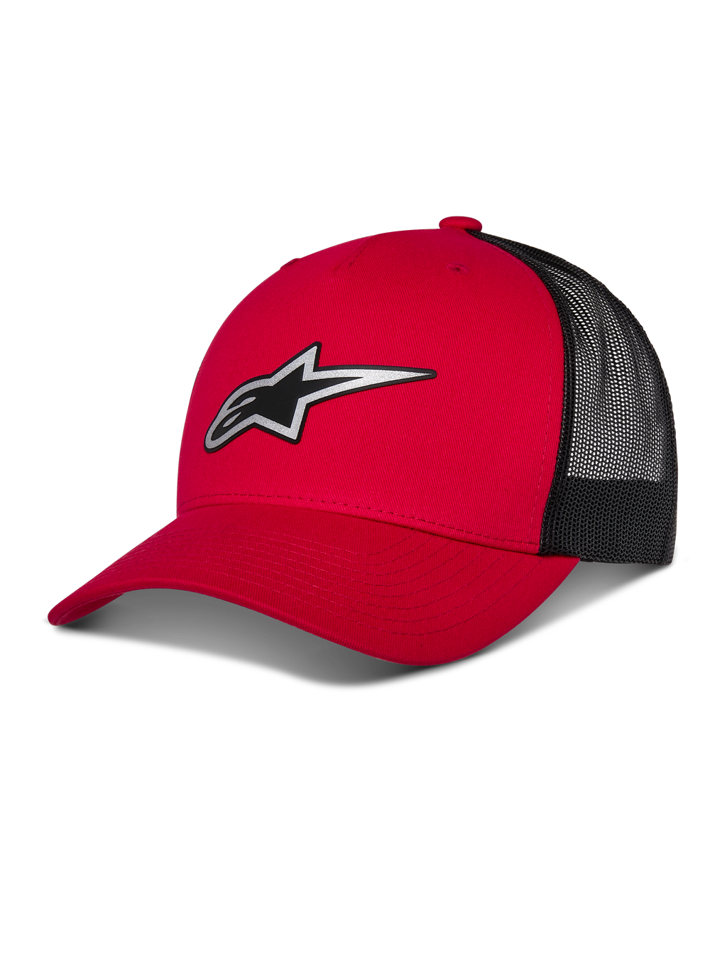 Alpinestars Reflect Ageless Trucker Hat, czerwono-czarna czapka z daszkiem typu trucker, zakrzywiony daszek z odblaskowym logo Astars, czarne panele z siatki z tyłu, strukturalna konstrukcja