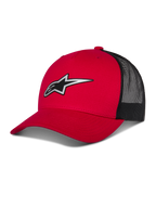 Alpinestars Reflect Ageless Trucker Hat, czerwono-czarna czapka z daszkiem typu trucker, zakrzywiony daszek z odblaskowym logo Astars, czarne panele z siatki z tyłu, strukturalna konstrukcja
