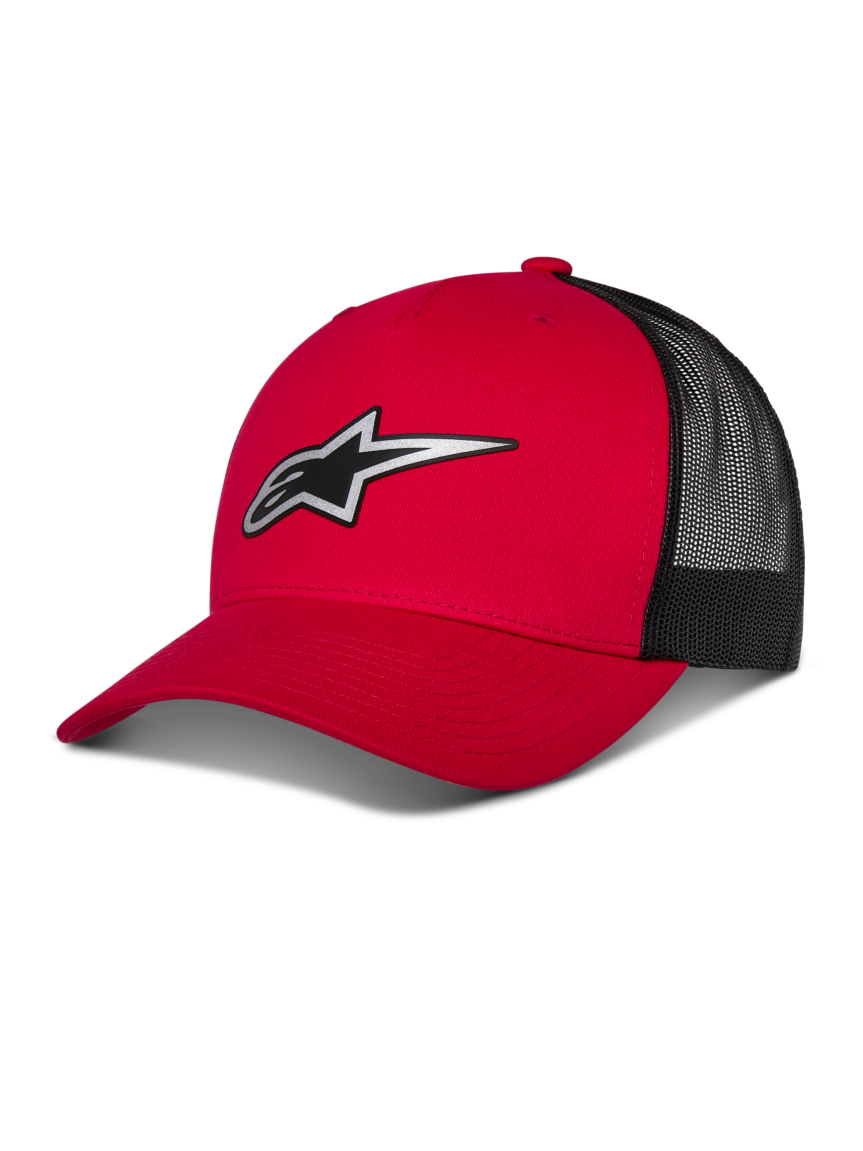 Alpinestars Reflect Ageless Trucker Hat, czerwono-czarna czapka z daszkiem typu trucker, zakrzywiony daszek z odblaskowym logo Astars, czarne panele z siatki z tyłu, strukturalna konstrukcja