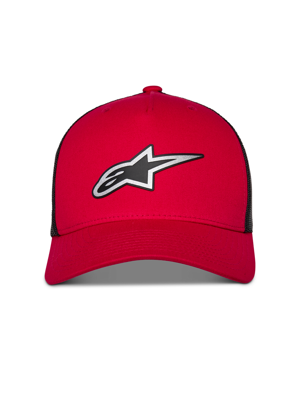 Alpinestars Reflect Ageless Trucker Hat, czerwono-czarna czapka z daszkiem, z dużym odblaskowym srebrno-czarnym logo Astars, zakrzywiony daszek z usztywnioną koroną i czarne panele z siatki, codzienne nakrycie głowy w stylu motorsport lifestyle