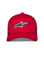 Alpinestars Reflect Ageless Trucker Hat, czerwono-czarna czapka z daszkiem, z dużym odblaskowym srebrno-czarnym logo Astars, zakrzywiony daszek z usztywnioną koroną i czarne panele z siatki, codzienne nakrycie głowy w stylu motorsport lifestyle