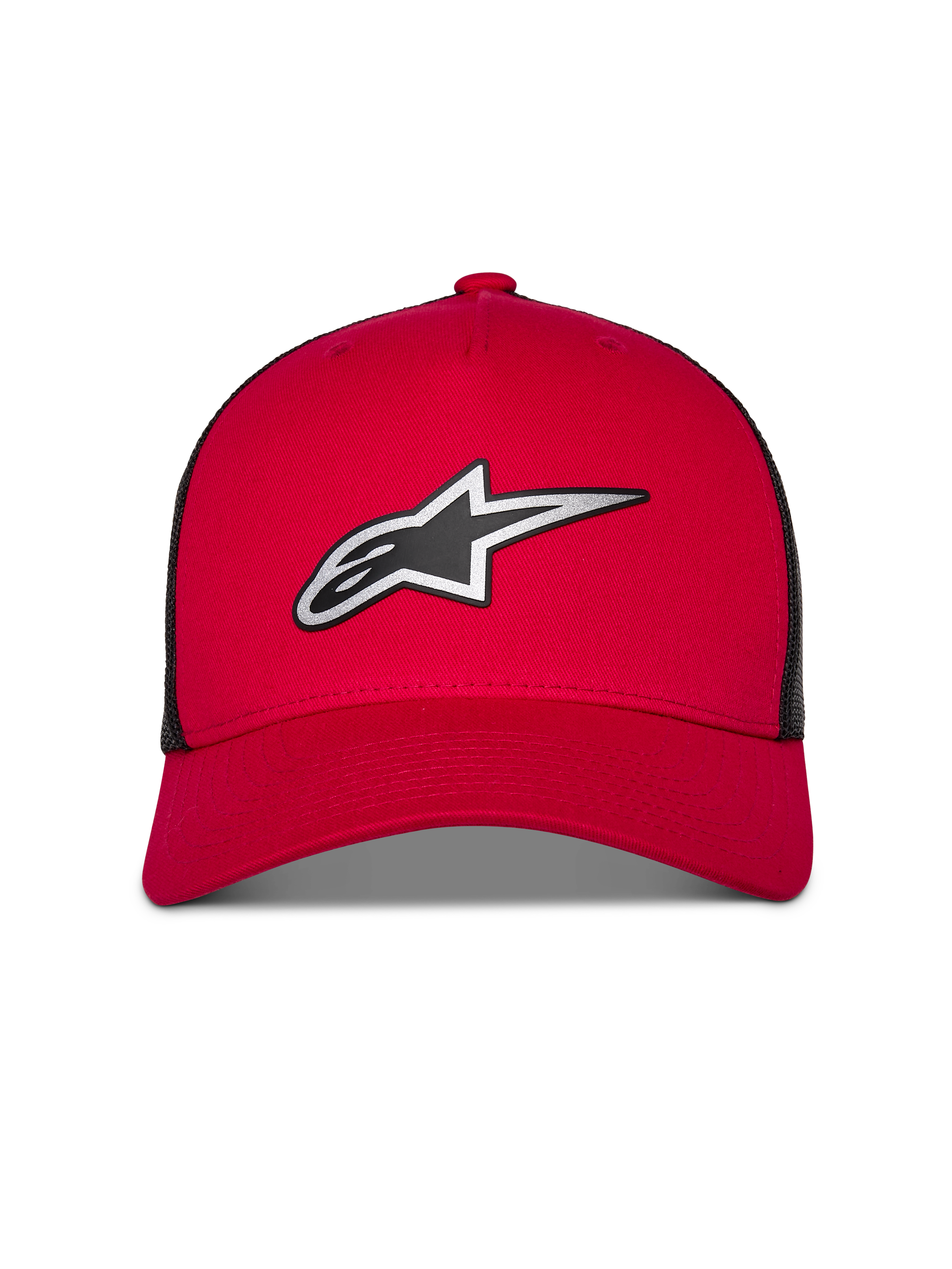 Alpinestars Reflect Ageless Trucker Hat, czerwono-czarna czapka z daszkiem, z dużym odblaskowym srebrno-czarnym logo Astars, zakrzywiony daszek z usztywnioną koroną i czarne panele z siatki, codzienne nakrycie głowy w stylu motorsport lifestyle