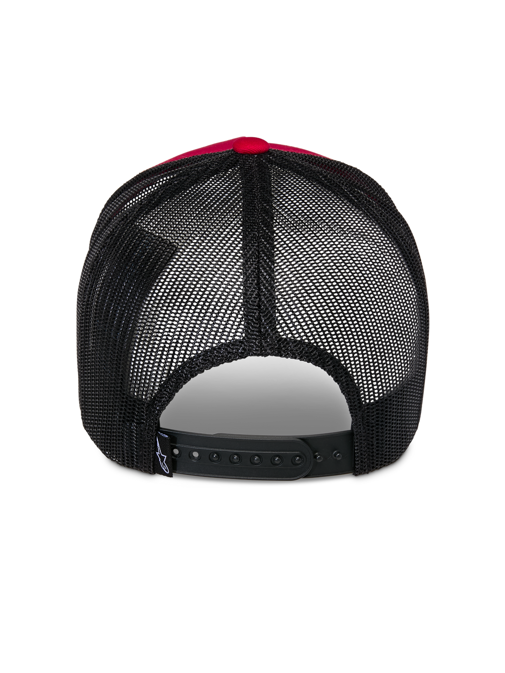 Alpinestars Reflect Ageless Trucker Hat, widok z tyłu, czerwono-czarna, czarne panele z siatki poliestrowej, regulowane zapięcie typu snap-back, codzienne nakrycie głowy inspirowane motorsportem