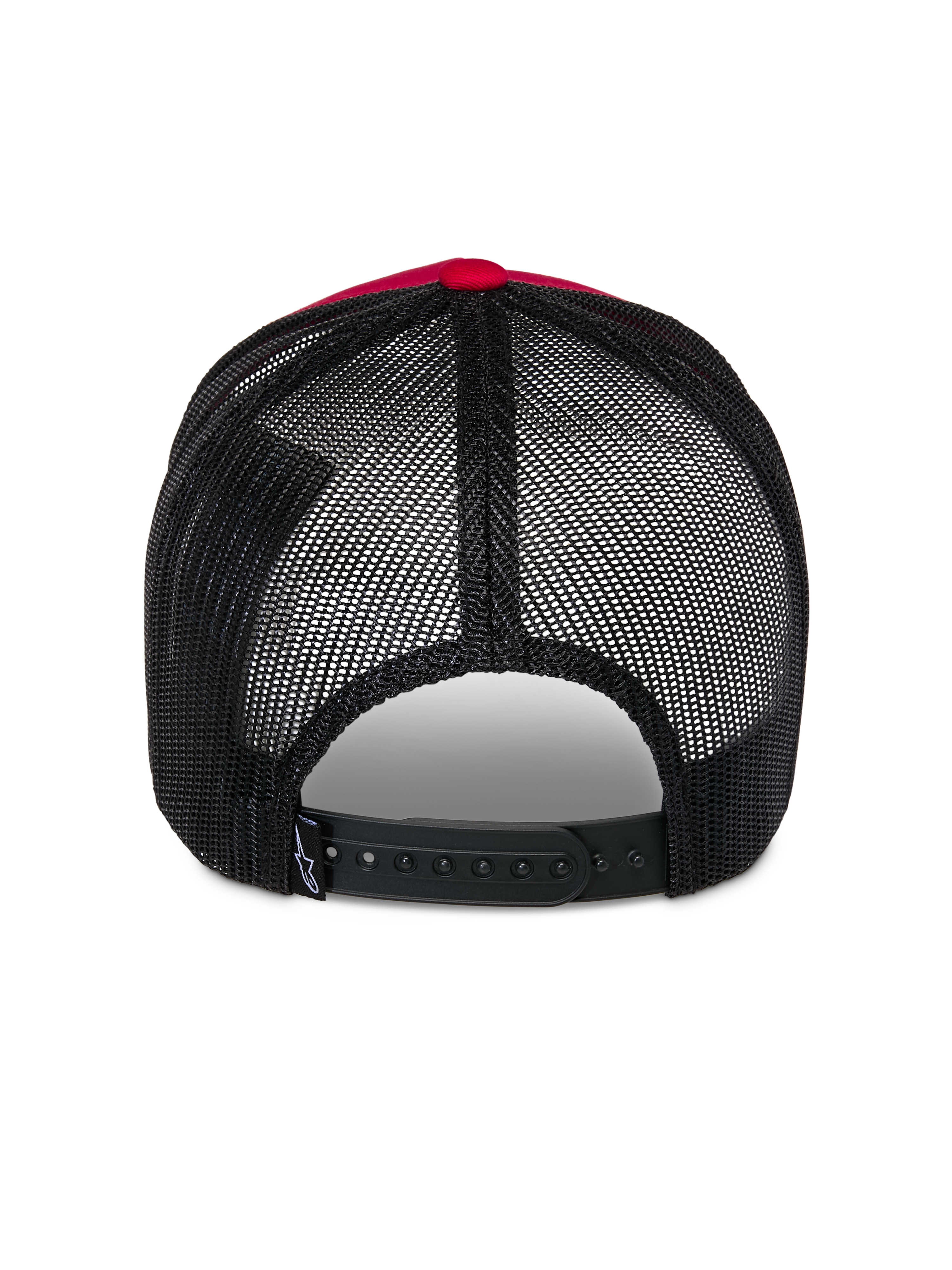 Alpinestars Reflect Ageless Trucker Hat, widok z tyłu, czerwono-czarna, czarne panele z siatki poliestrowej, regulowane zapięcie typu snap-back, codzienne nakrycie głowy inspirowane motorsportem