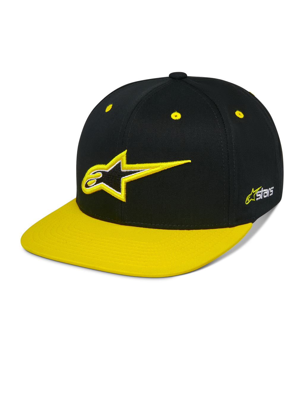 Alpinestars Thickness Snapback Hat, czarna i jaskrawożółta czapka z daszkiem typu snapback, usztywniona korona z haftowanym logo 3D Astars, płaski żółty daszek, żółte oczka, codzienne nakrycie głowy w stylu motorsportowym