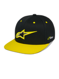 Alpinestars Thickness Snapback Hat, czarna i jaskrawożółta czapka z daszkiem typu snapback, usztywniona korona z haftowanym logo 3D Astars, płaski żółty daszek, żółte oczka, codzienne nakrycie głowy w stylu motorsportowym