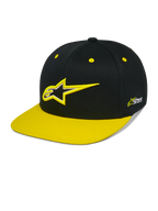 Alpinestars Thickness Snapback Hat, czarna i jaskrawożółta czapka z daszkiem typu snapback, usztywniona korona z haftowanym logo 3D Astars, płaski żółty daszek, żółte oczka, codzienne nakrycie głowy w stylu motorsportowym