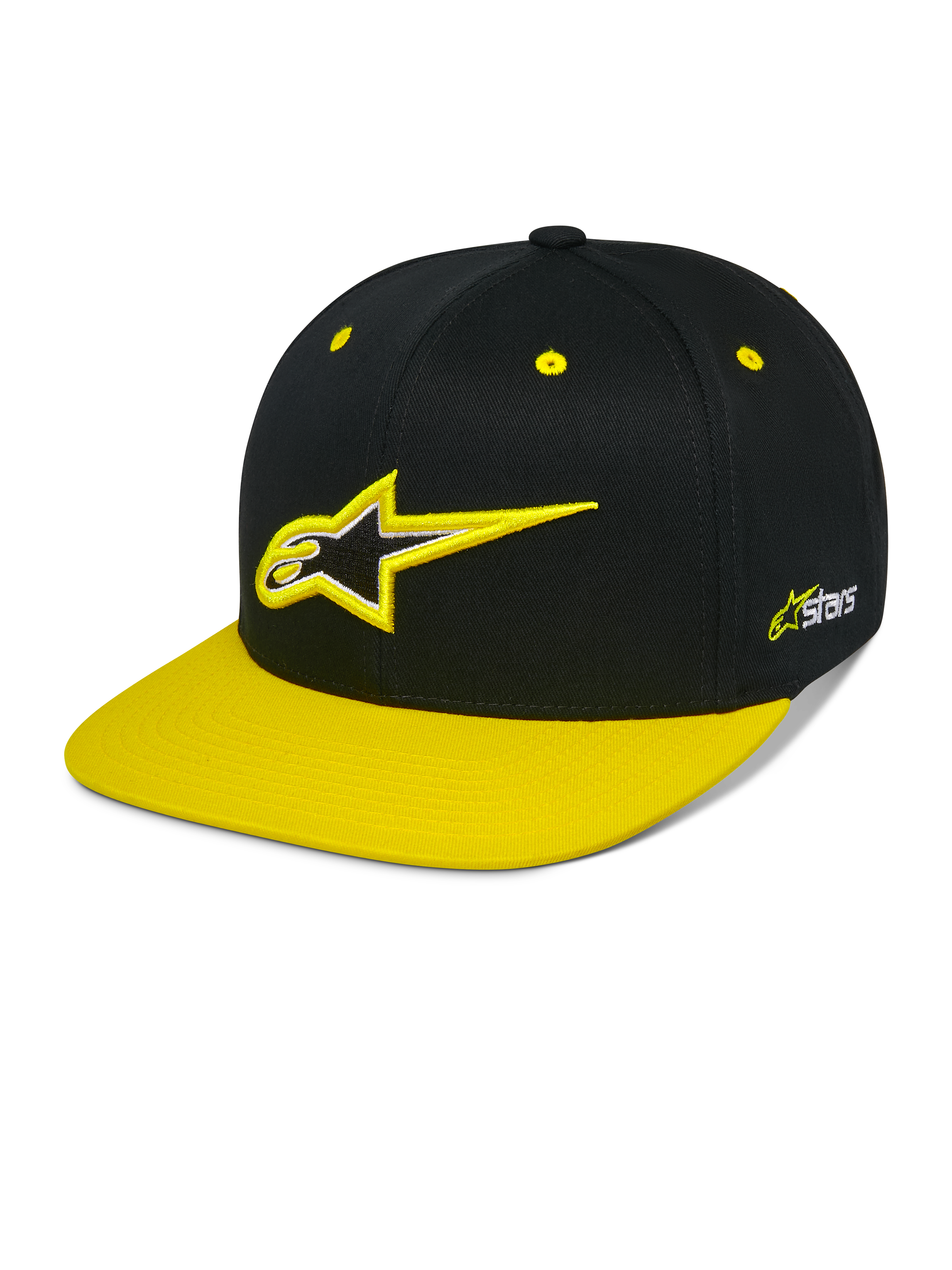 Alpinestars Thickness Snapback Hat, czarna i jaskrawożółta czapka z daszkiem typu snapback, usztywniona korona z haftowanym logo 3D Astars, płaski żółty daszek, żółte oczka, codzienne nakrycie głowy w stylu motorsportowym
