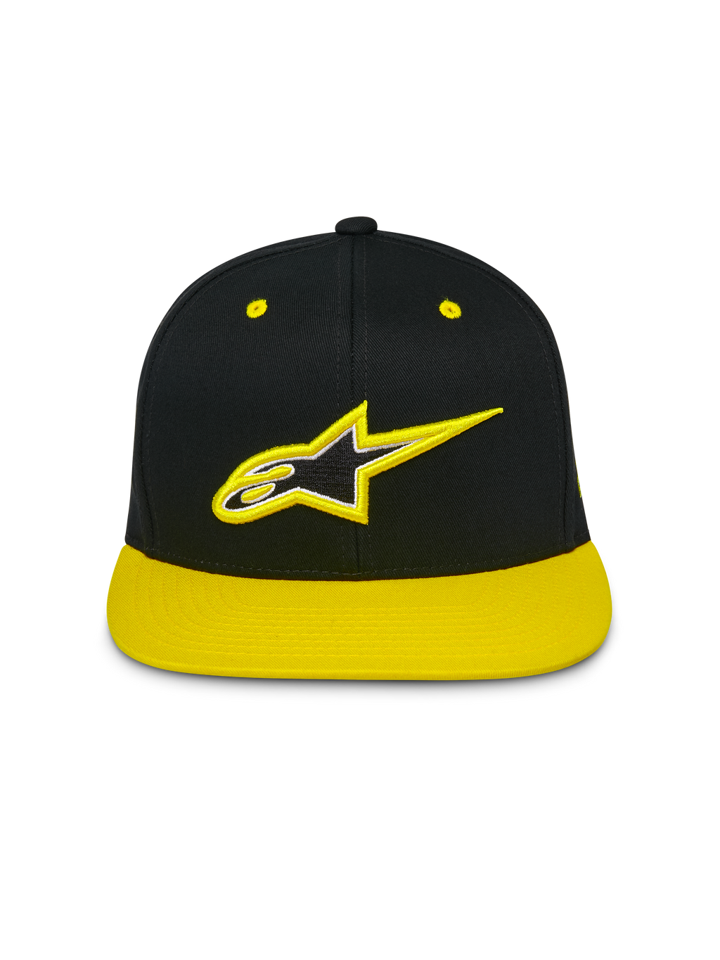 Alpinestars Thickness Snapback Hat, czapka z płaskim daszkiem i usztywnioną koroną, czarna z jaskrawożółtym daszkiem i oczkami, z przodu haftowane logo Astars 3D, codzienna odzież uliczna w stylu motorsportowym