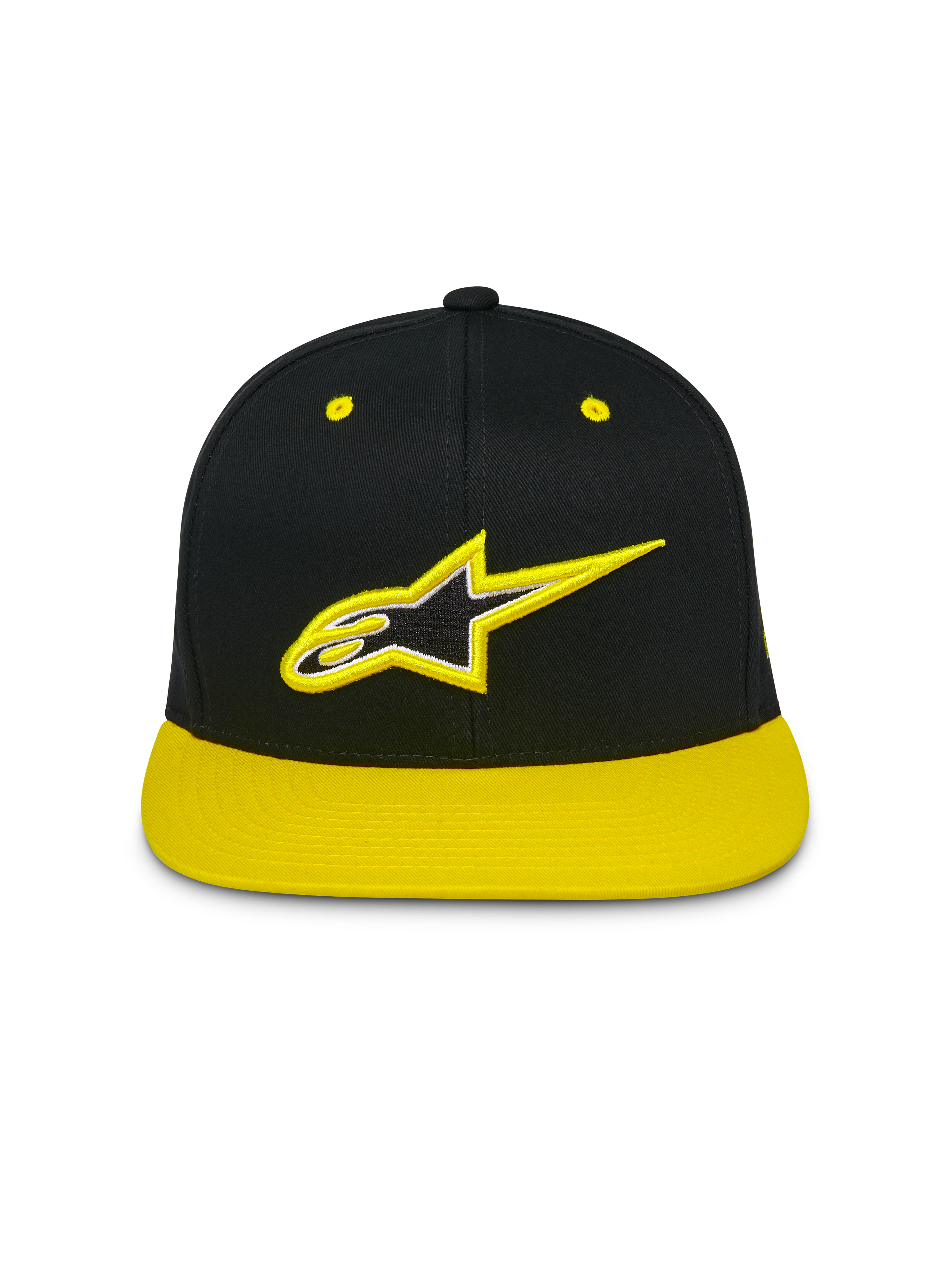 Alpinestars Thickness Snapback Hat, czapka z płaskim daszkiem i usztywnioną koroną, czarna z jaskrawożółtym daszkiem i oczkami, z przodu haftowane logo Astars 3D, codzienna odzież uliczna w stylu motorsportowym