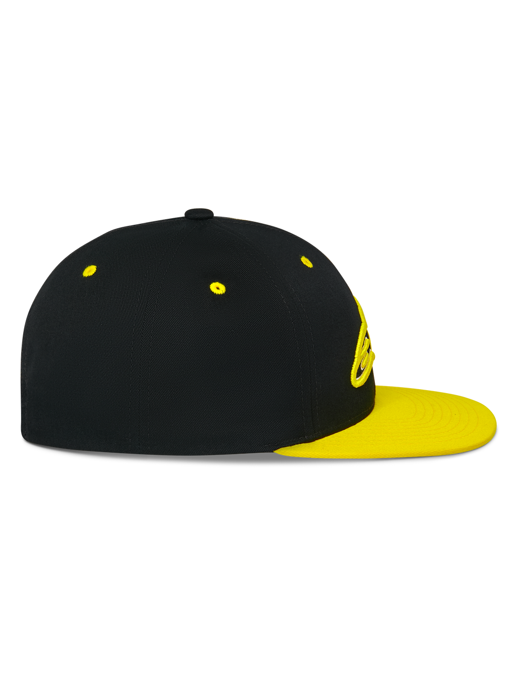 Alpinestars Thickness Snapback Hat, widok z boku, czarna korona z płaskim daszkiem i wywietrznikami w kolorze Hi-Vis Yellow, haftowane logo 3D z przodu, codzienne nakrycie głowy inspirowane motorsportem