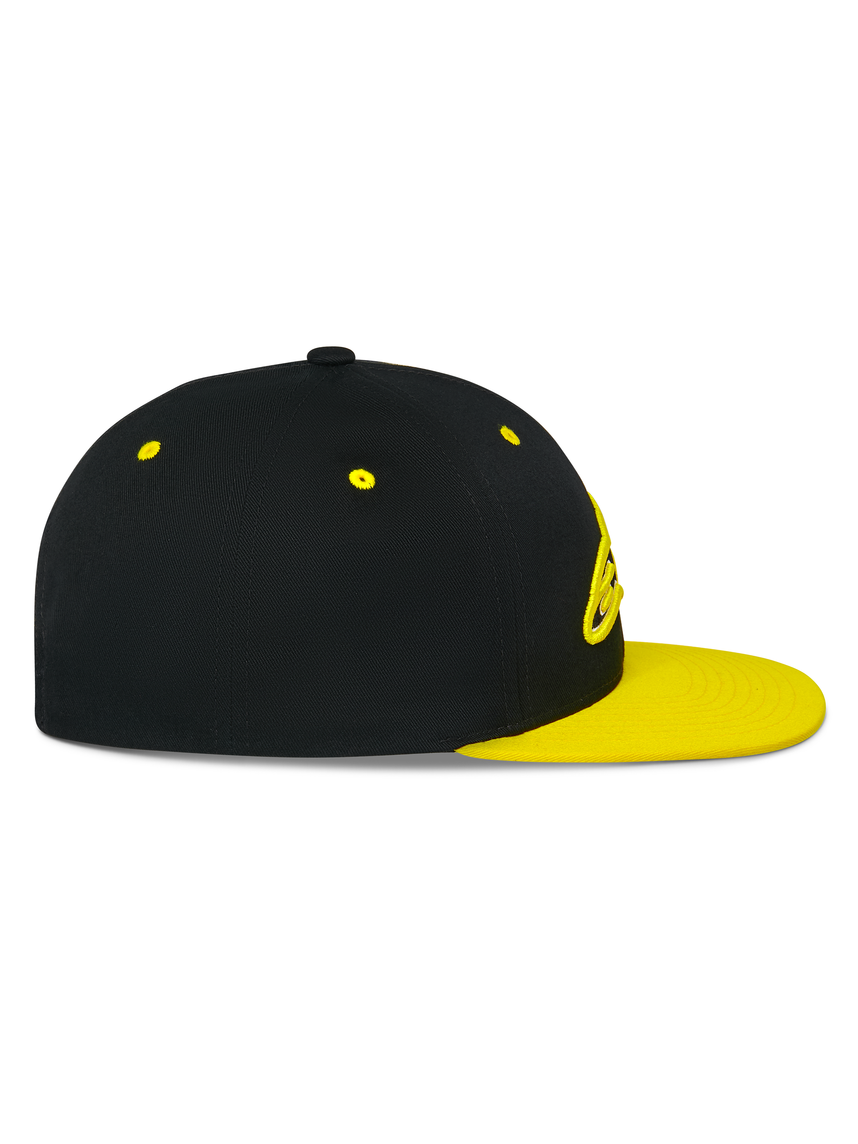 Alpinestars Thickness Snapback Hat, widok z boku, czarna korona z płaskim daszkiem i wywietrznikami w kolorze Hi-Vis Yellow, haftowane logo 3D z przodu, codzienne nakrycie głowy inspirowane motorsportem