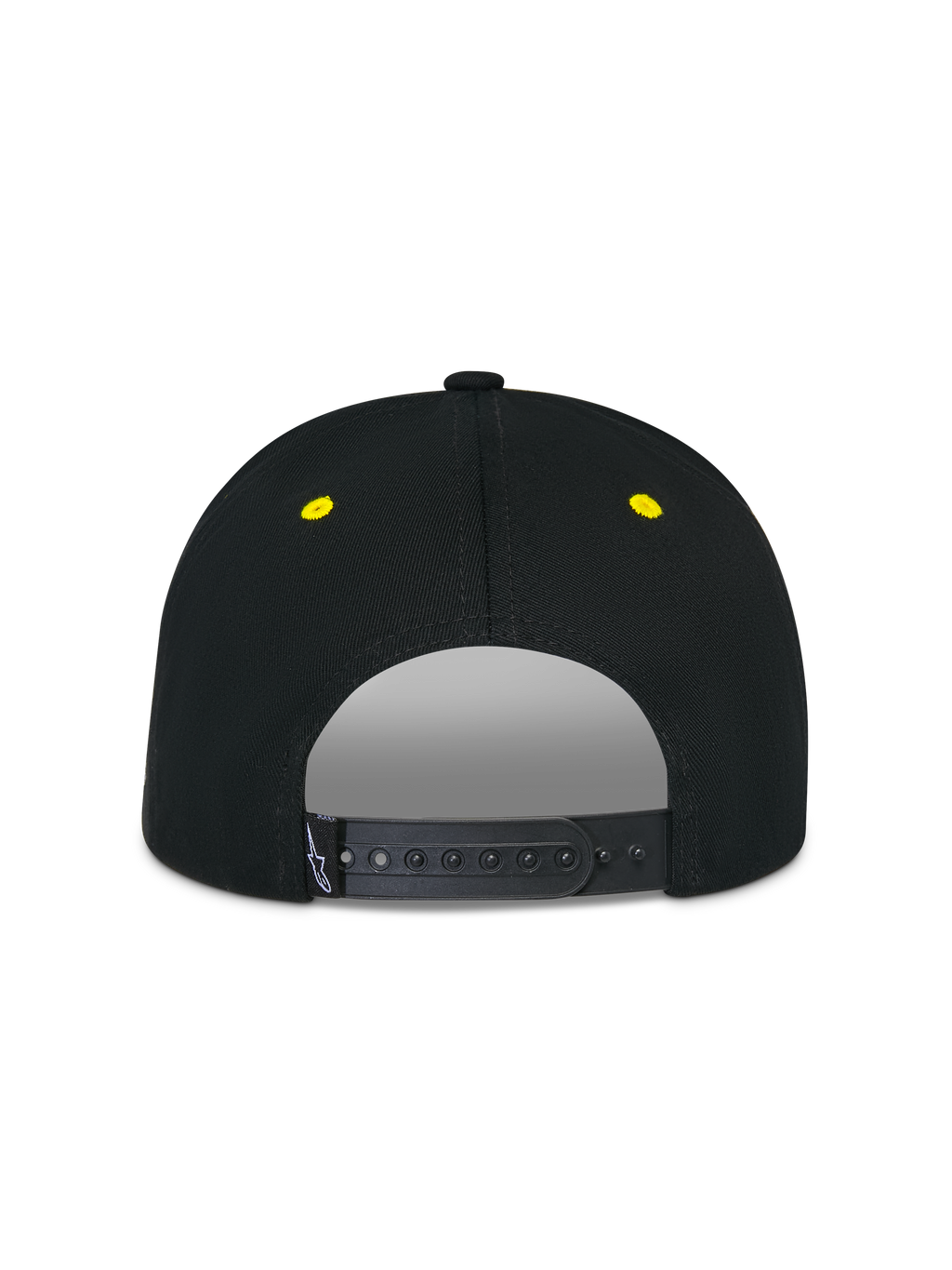 Alpinestars Thickness Snapback Hat, czarna i neonowożółta (Hi-Vis Yellow), widok z tyłu z regulowanym zapięciem typu snapback, żółte haftowane oczka, usztywniona korona, codzienne nakrycie głowy w stylu motorsportowym