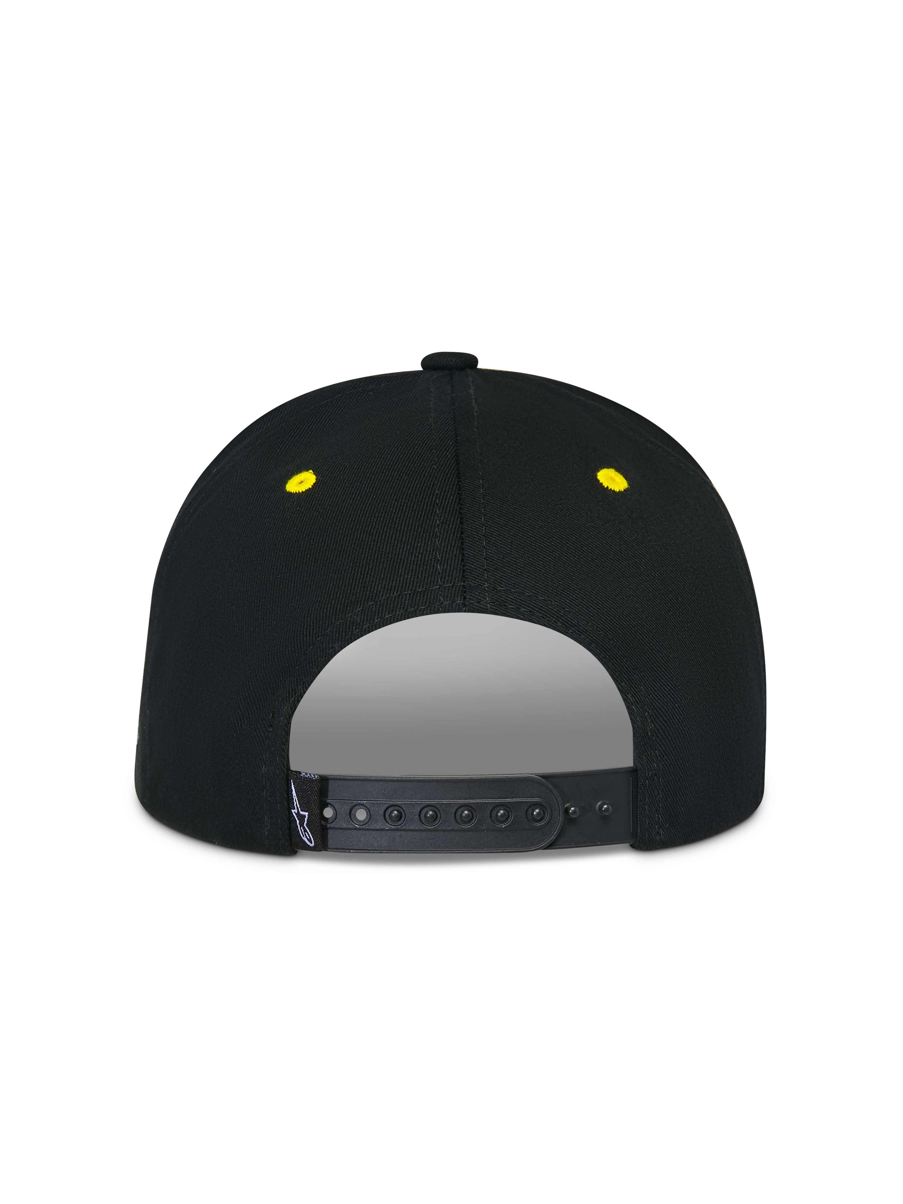 Alpinestars Thickness Snapback Hat, czarna i neonowożółta (Hi-Vis Yellow), widok z tyłu z regulowanym zapięciem typu snapback, żółte haftowane oczka, usztywniona korona, codzienne nakrycie głowy w stylu motorsportowym