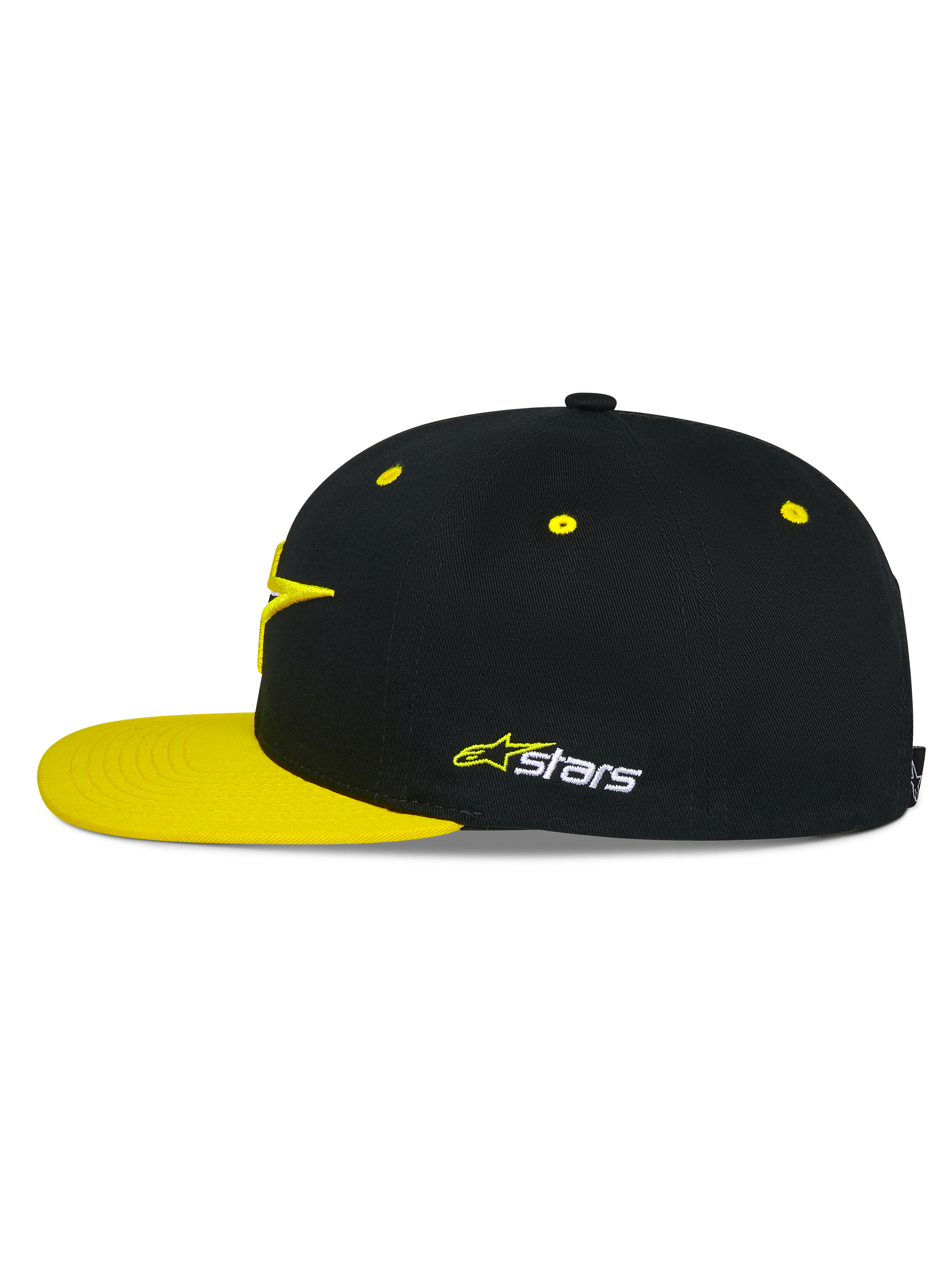 Czapka Alpinestars Thickness Snapback, czarno-żółta (Hi-Vis Yellow), profil boczny, usztywniona korona z żółtymi wywietrznikami i płaskim żółtym daszkiem, haftowane logo Astars z boku, codzienne nakrycie głowy w stylu motorsportowym